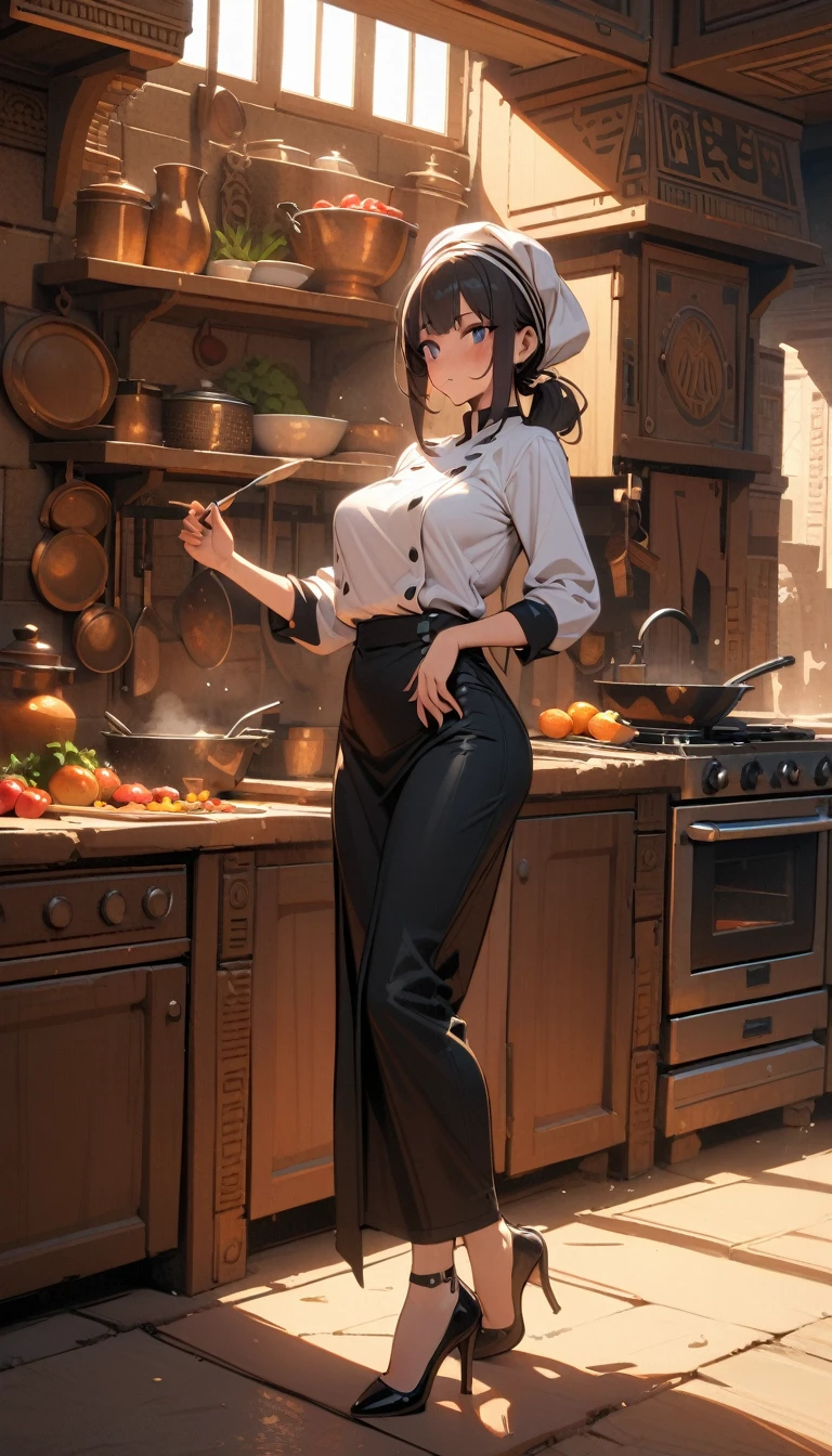 ((best quality)) , ((masterpiece)) , (detailed)，1 female，(Egypt)，kitchen，Female chef，High heel，((whole body))