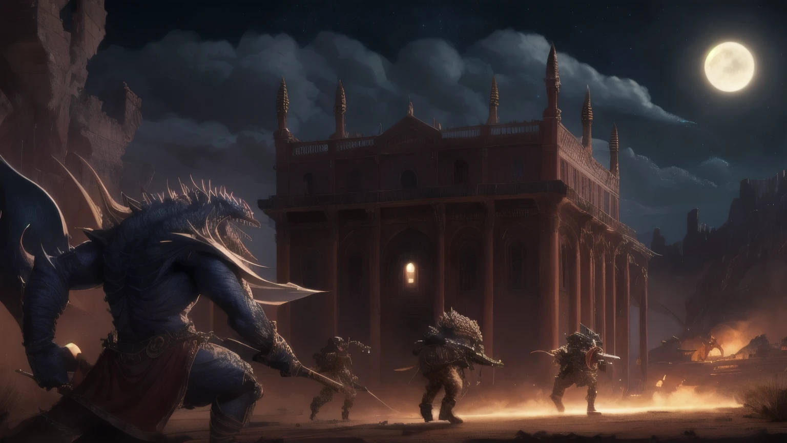 ((best quality)), ((masterpiece)), (detailed), A digital illustration of a palace being attacked by a group of monsters at night in a desert setting.