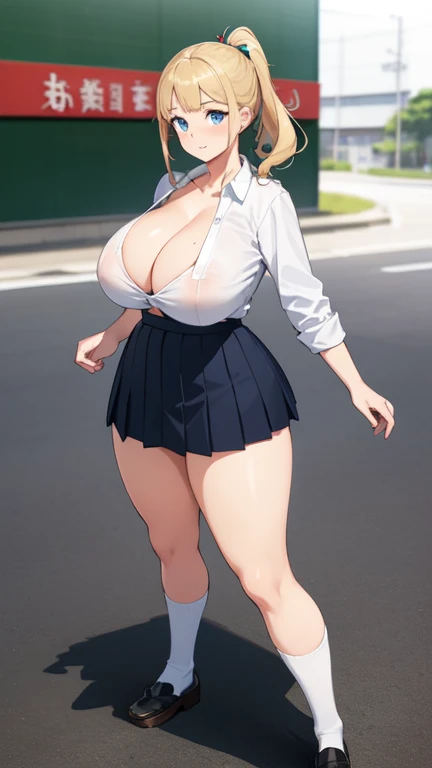 ((Highest quality)), ((masterpiece)), (detailed), 
((huge breasts))
((Very thick thighs))
((Very fleshy young woman))
(Tall)
(cleavage)
(Short Blonde side ponytail hair)
Blue eyes
Standing
(((Shoot from front)))
(((photograph the whole body)))
(Japanese school uniform)
(white (business) shirt)
(Black mini(school)skirt)
Japanese 
Tokyo city