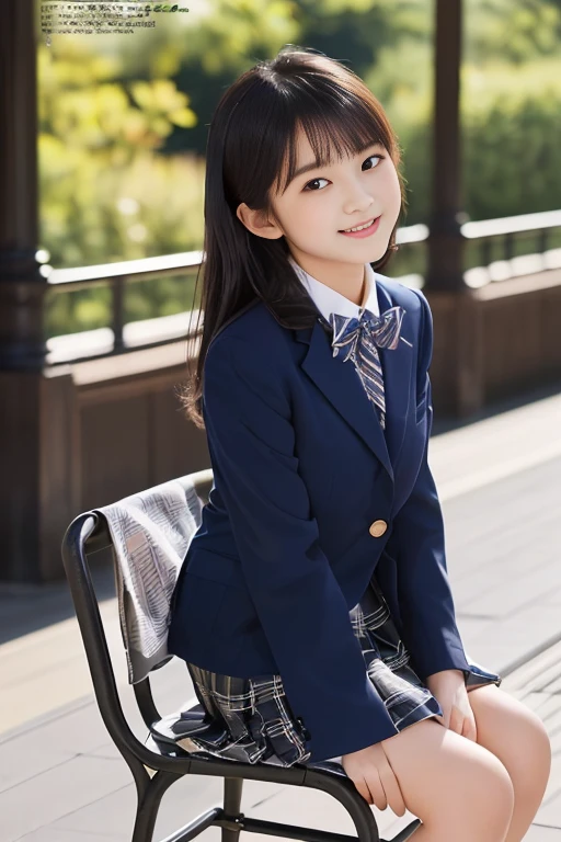 (Highest quality, masterpiece:1.2), Highest quality, Realistic, photograph, High resolution, 1080P, 8k, Physical Rendering, ((height: 158cm)), Japanese Girls、((((((A beautiful 14-year-old Japanese fashion magazine model looks straight at the viewer)))))), (((Large, very fine, beautiful dark brown eyes))), ((((Laugh at me!)))), Detailed fingers, (((Curled bangs))), ((((Very noble and cute eyes, Carefully drawn with meticulous attention to detail)))), ((double eyelid)), (((Long eyelashes))), ((cute、Adorable、Adorable、laughing、laughing頬)), ((Pure white light hits my nose and cheeks. Her eyes and the white skin of her face are beautiful and white..)), (((((彼女の顔の特徴は非常に表情豊かでAdorable笑顔です, so sweet, Very very clever))))), ((((A striking plain navy large school ribbon bow tie)))), ((((Black, very beautiful and very long hair)))), (Blue and navy tartan check formal long pleated skirt), (((It is slightly larger in size and has a gold emblem.、Dark blue formal blazer))), ((As elegant as a noble princess)), ((Sitting on a chair on the platform of a rural station)), ((Shooting the whole body from the side))