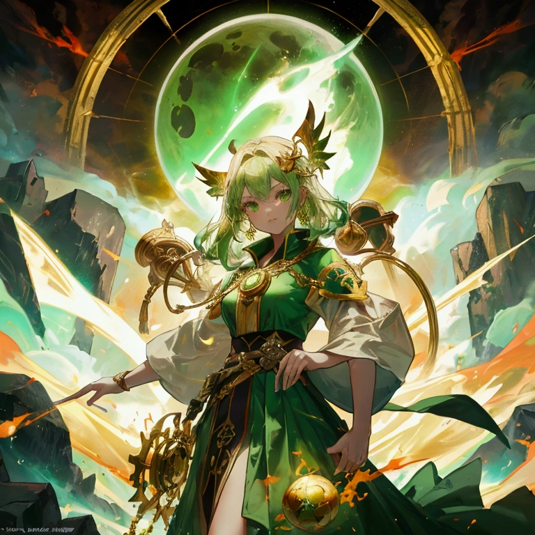a game logo, game item, orbe, inside a hurricane symbol, GREEN COLORS, aurea, fire, gold looking at the viewer.