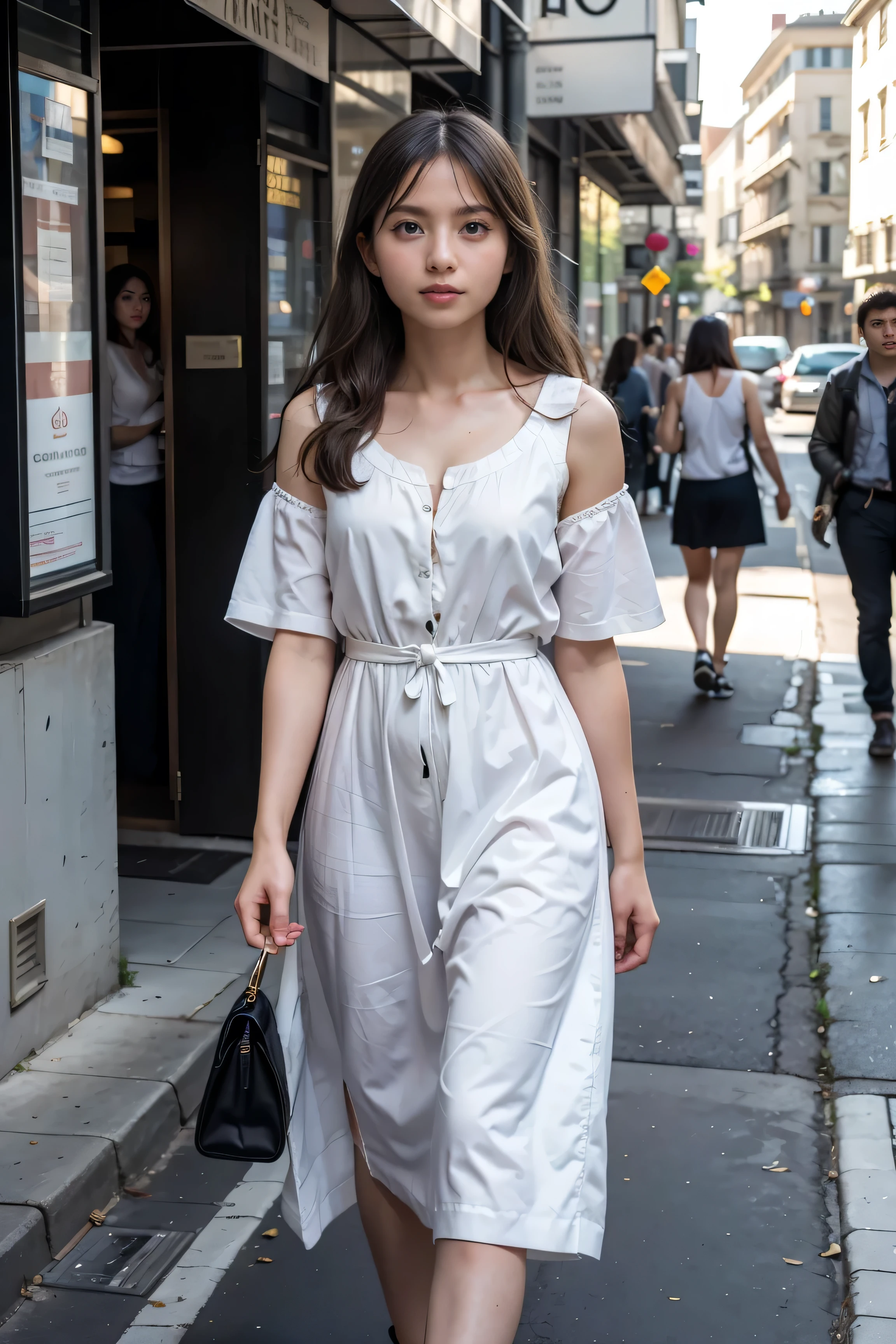Beautiful woman with delicate light streaming through her hair, Her summer dress is beautiful、Walking on a city street corner,