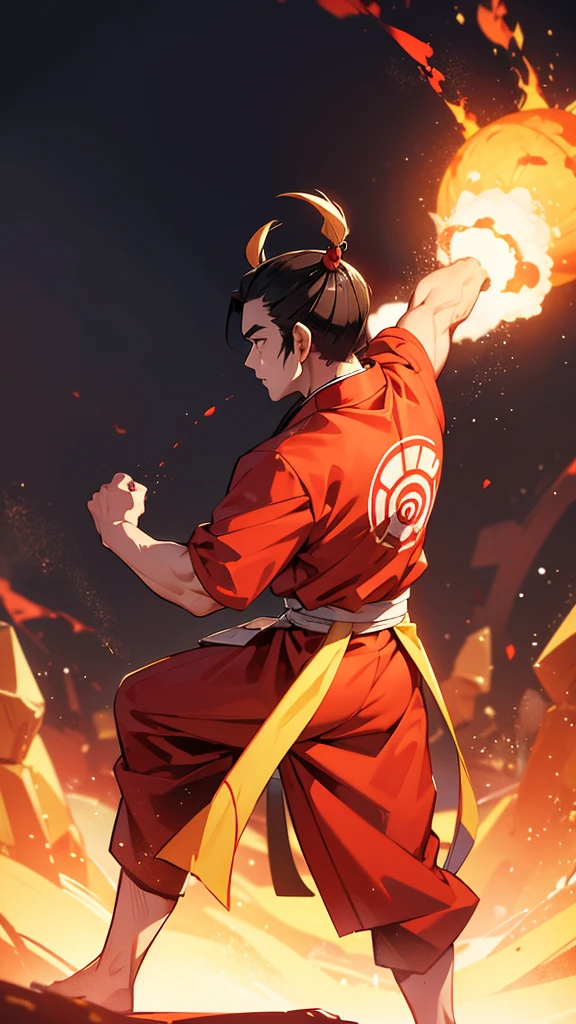 "A martial arts practitioner wearing a traditional Chinese golden Hanfu, hair tied in a topknot, standing with his back to a nuclear explosion seen in the distance."