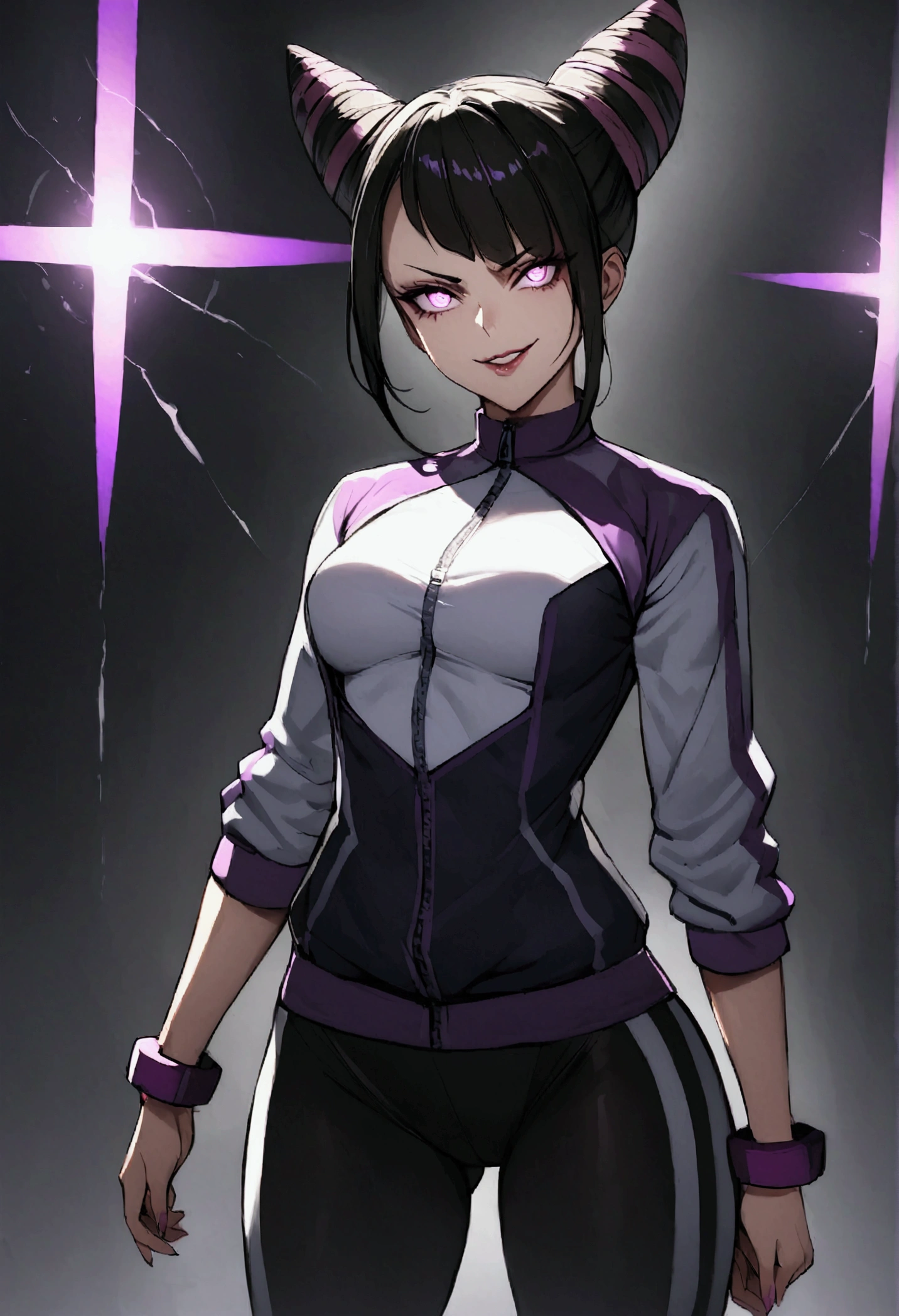 dark eye shadow,shining eyes,beautiful young fitness woman with , in a gym wearing May with black pantyhose, tight white and purple gym jacket. standing alone,hair horns,glowing purple eyes,Evil smile,legging preto ,labiaa,dark eye shadow,shining eyes
