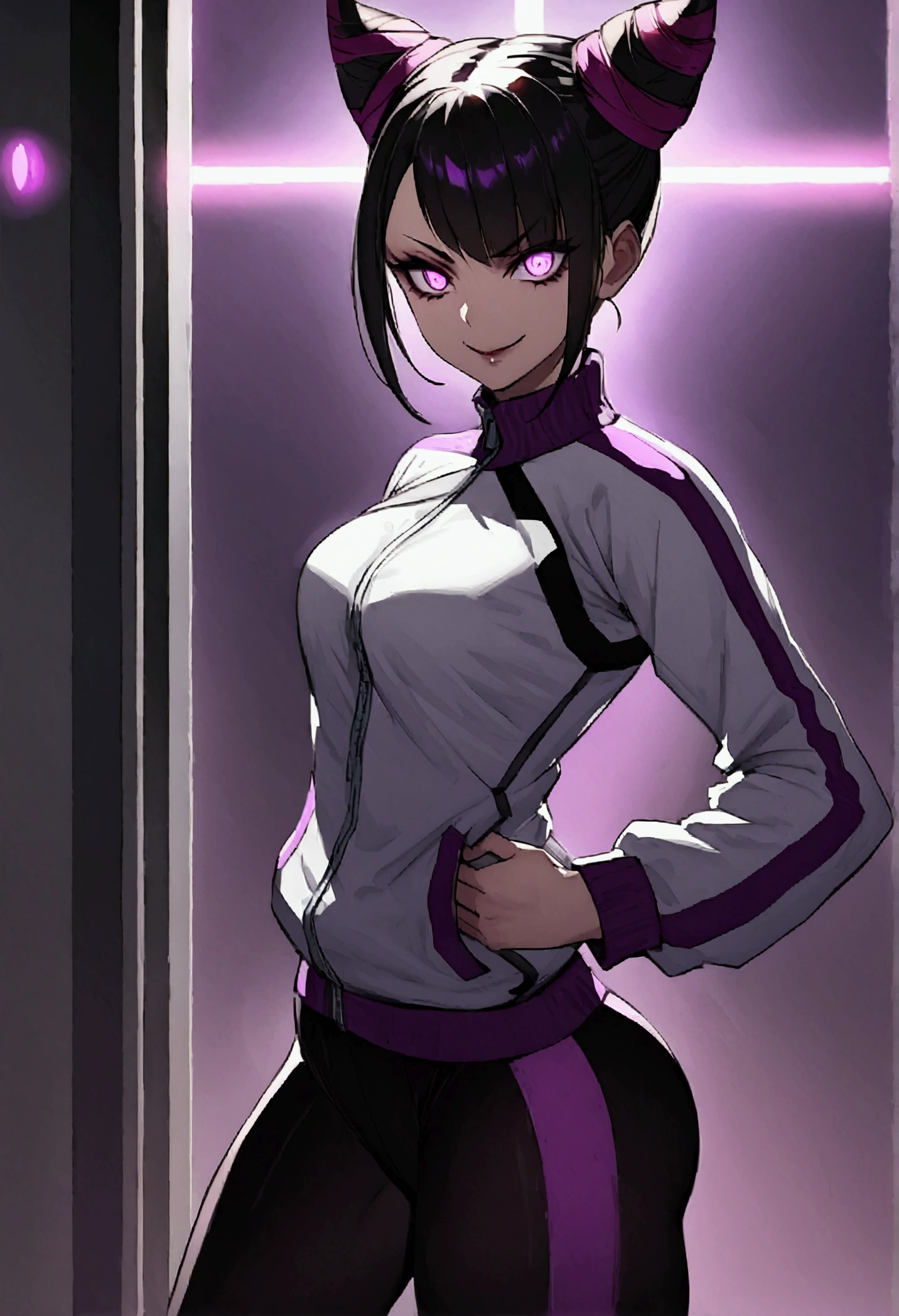 dark eye shadow,shining eyes,beautiful young fitness woman with , in a gym wearing May with black pantyhose, tight white and purple gym jacket. standing alone,hair horns,glowing purple eyes,Evil smile,legging preto ,labiaa,dark eye shadow,shining eyes