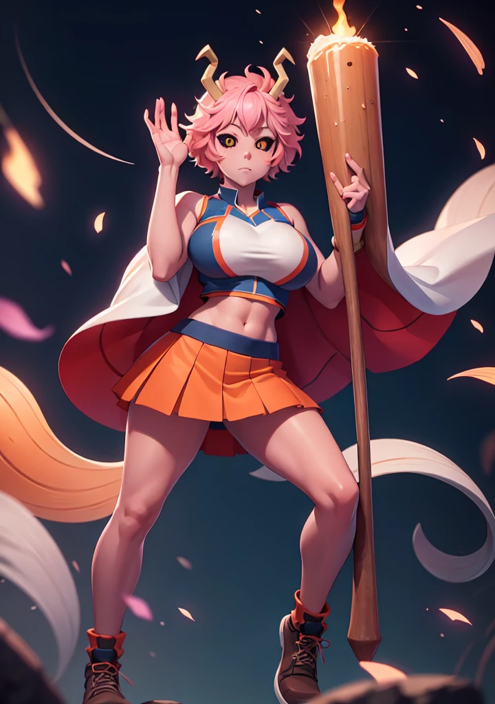 mina ashido, 1girl, solo, looking at viewer, short hair, simple background, yellow eyes, pink hair, horns, colored skin, colored sclera, black sclera, pink skin, U.A. CheerUniform, orange skirt, (bare belly), perfect shading, bare shoulders, big breasts