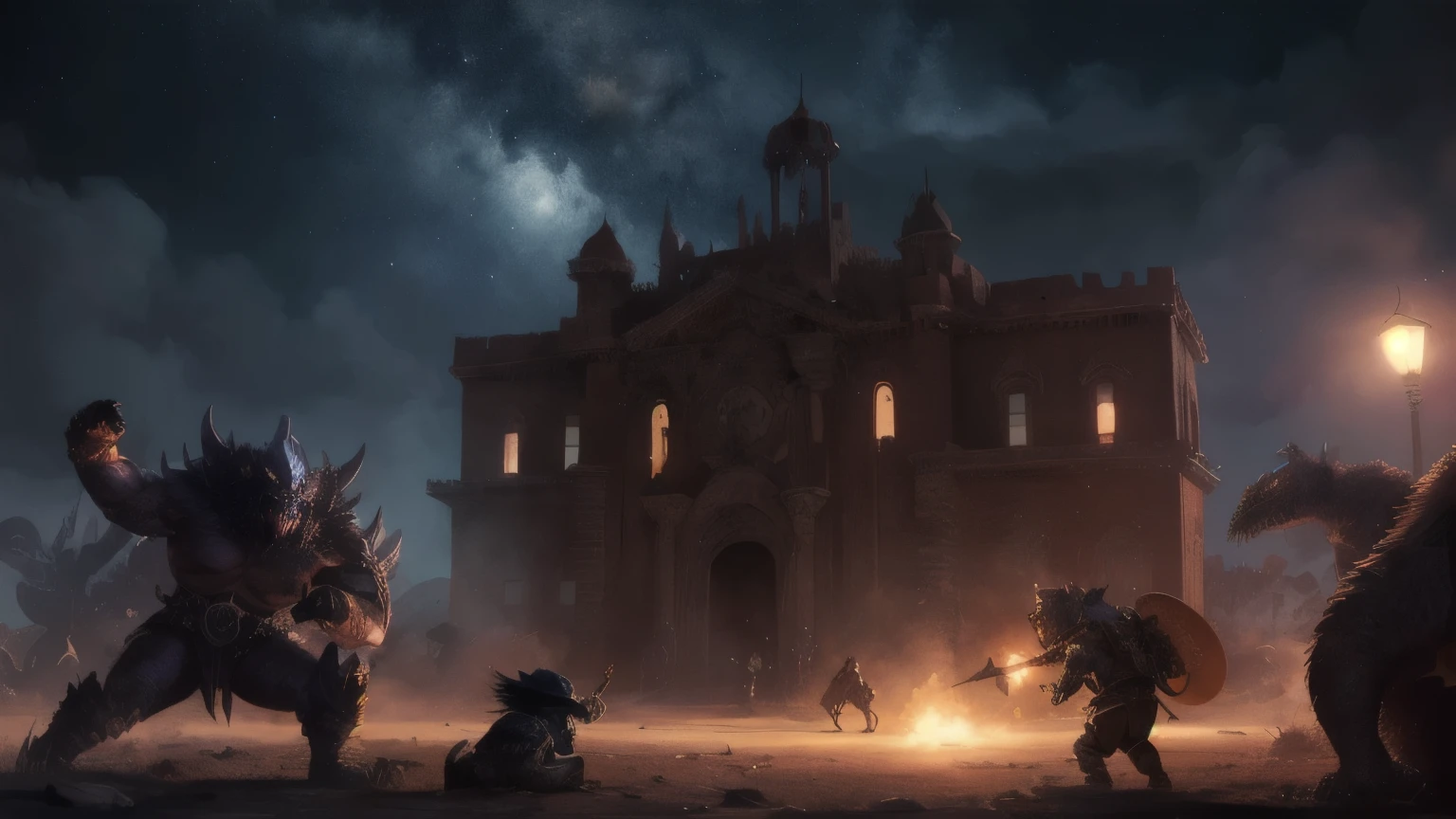 ((best quality)), ((masterpiece)), (detailed), A digital illustration of a palace being attacked by a group of monsters at night in a desert setting.