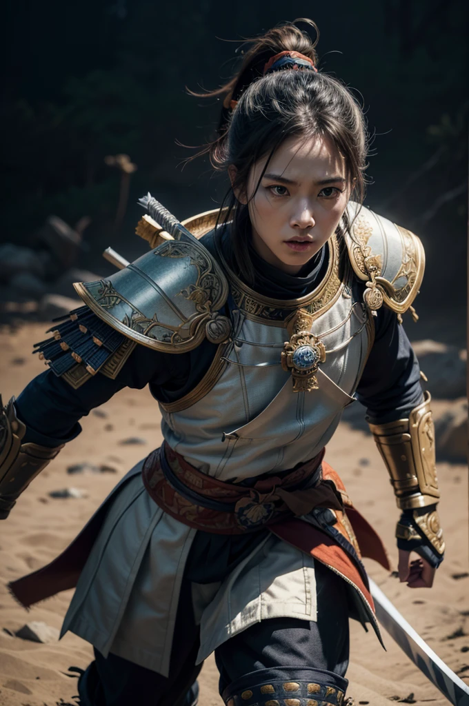 A samurai in a white and orange and blue color scheme, detailed and intricate armor, katana sword, fantasy landscape, dynamic pose, (best quality,4k,8k,highres,masterpiece:1.2),ultra-detailed,(realistic,photorealistic,photo-realistic:1.37),digital art,concept art,highly detailed,striking colors,dramatic lighting,cinematic composition qualidade melhorada