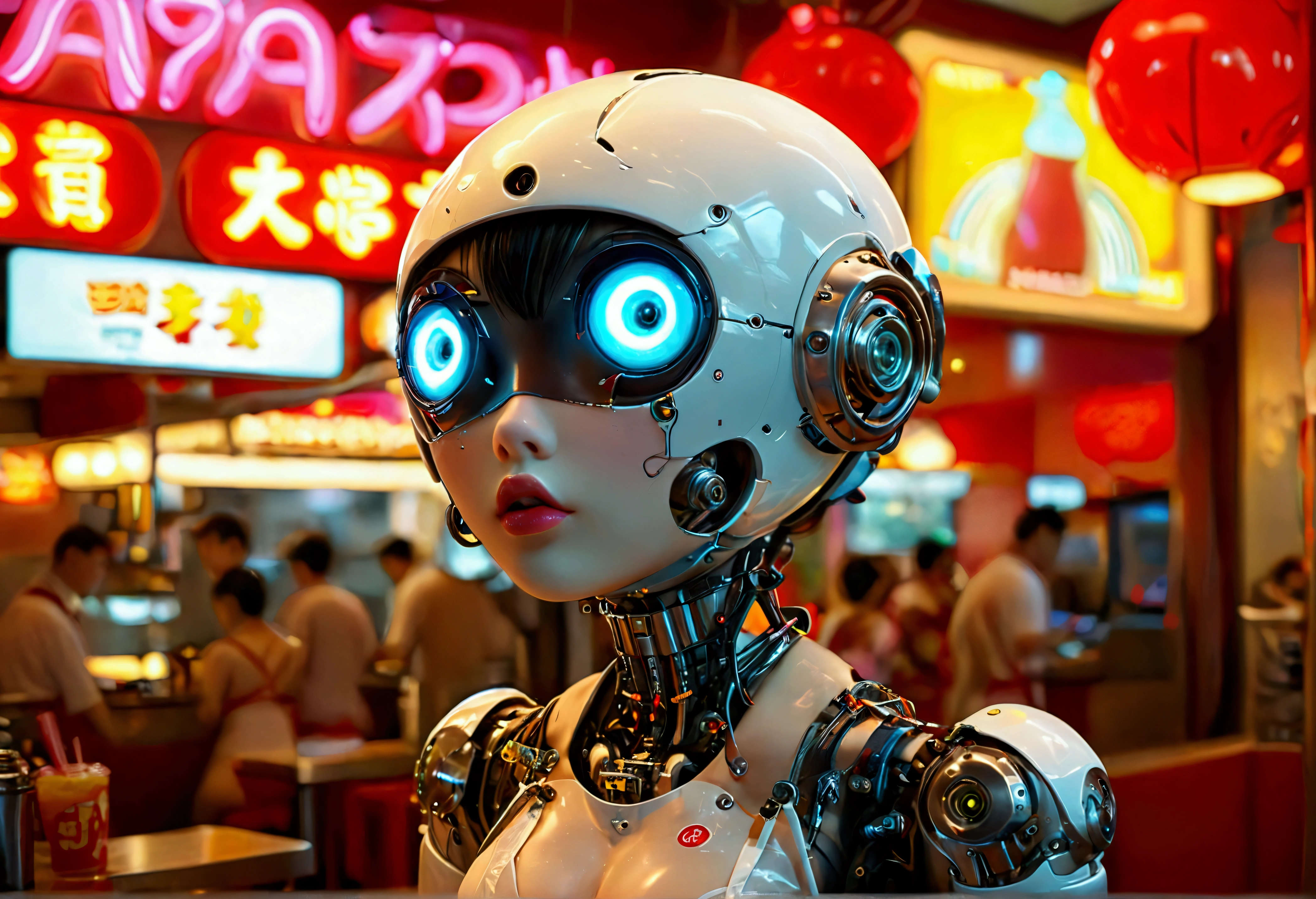 A cute android (Giant tits, Neon backlight of the eyes, clearly mechanical connections, Apron and hat, NUDE) is a fast food employee at “Puny Humans”, a fully automated fast-food restaurant. Crowded with chubby Asians

