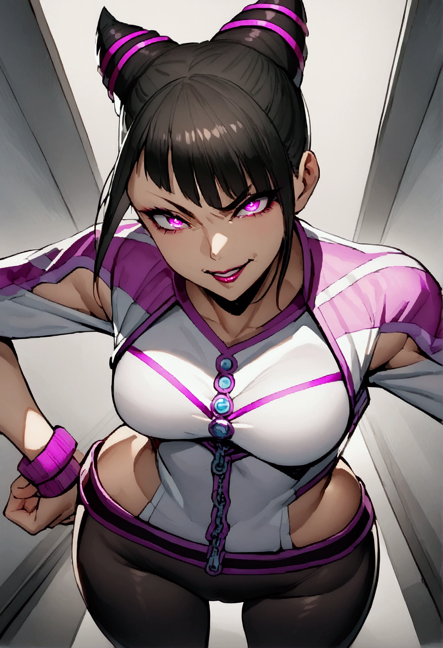 dark eye shadow,shining eyes,beautiful young fitness woman with , in a gym wearing May with black pantyhose, tight white and purple gym jacket. standing alone,hair horns,glowing purple eyes,Evil smile,legging preto ,labiaa,dark eye shadow,shining eyes