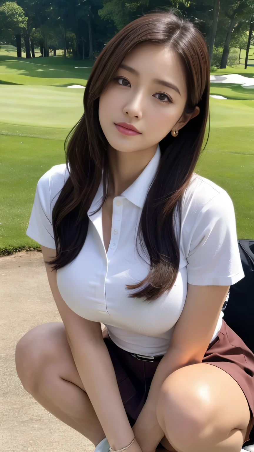 (masterpiece, high quality, High resolution,high resolution ), (Girl playing golf:1.3)、Very detailed,colorful,Most detailed, (Dynamic Motion),  Beautiful Face、Japanese、(Super big breasts:1.8、Small waist:1.3)、Realistic face and skin texture、photo shoot、Three Dimensional、超A high resolution 、Perfect Anatomy、Golf course、Seriousness、(Asian woman in a checkered shirt), 半身のClose-upショット, West Shot, Wearing a tight shirt,  skirt、 jiyun chae, Close-up、Large Breasts、Crouching、