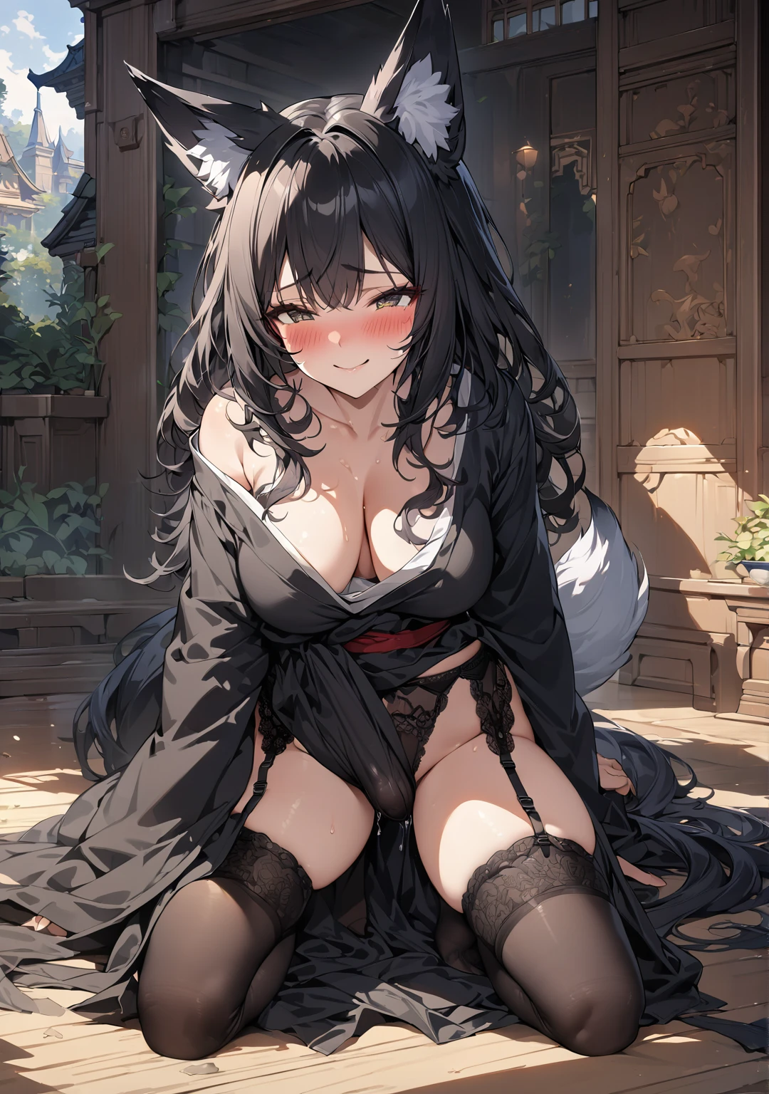 (extremely detailed CG unity 4k wallpaper),(masterpiece),(best quality),(ultra-detailed),(best illustration),(best shadow),(absurdres),(detailed background), black kimono, big bulge futanari, cumming under cloth, Detailed face, Detailed hair, Japanese, shy, blush, smile, Rich, Mansion setting, long black hair, black garter belt, black stocking, fox ear, fox tail