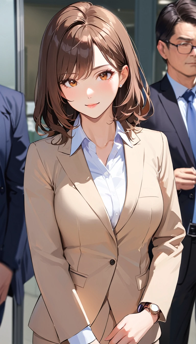 a woman, Brown Hair, semi-long, Mature Woman,Jacket,Clothing of office workers