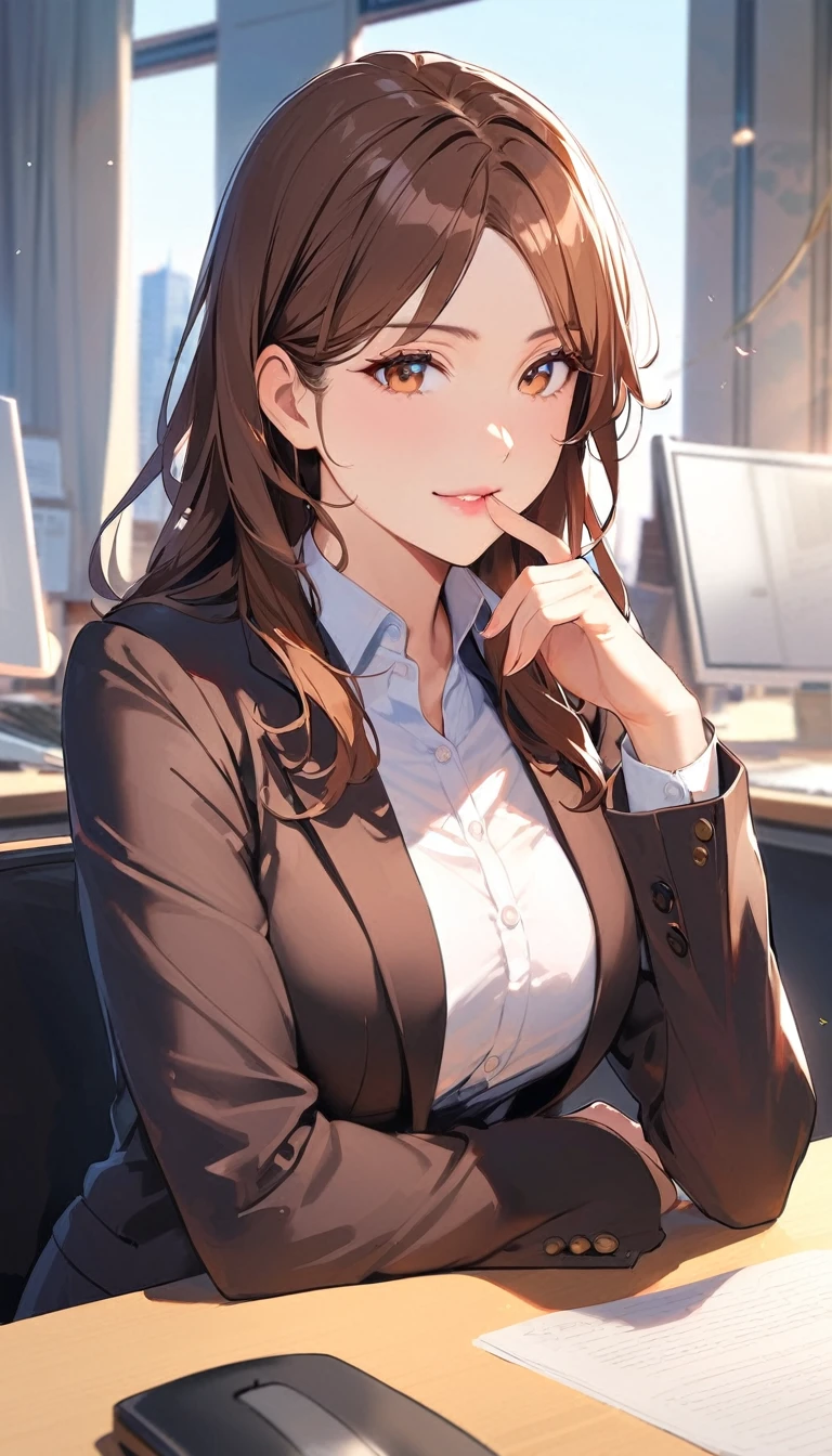 a woman, Brown Hair,　semi-long,　Mature Woman,Jacket,Clothing of office workers