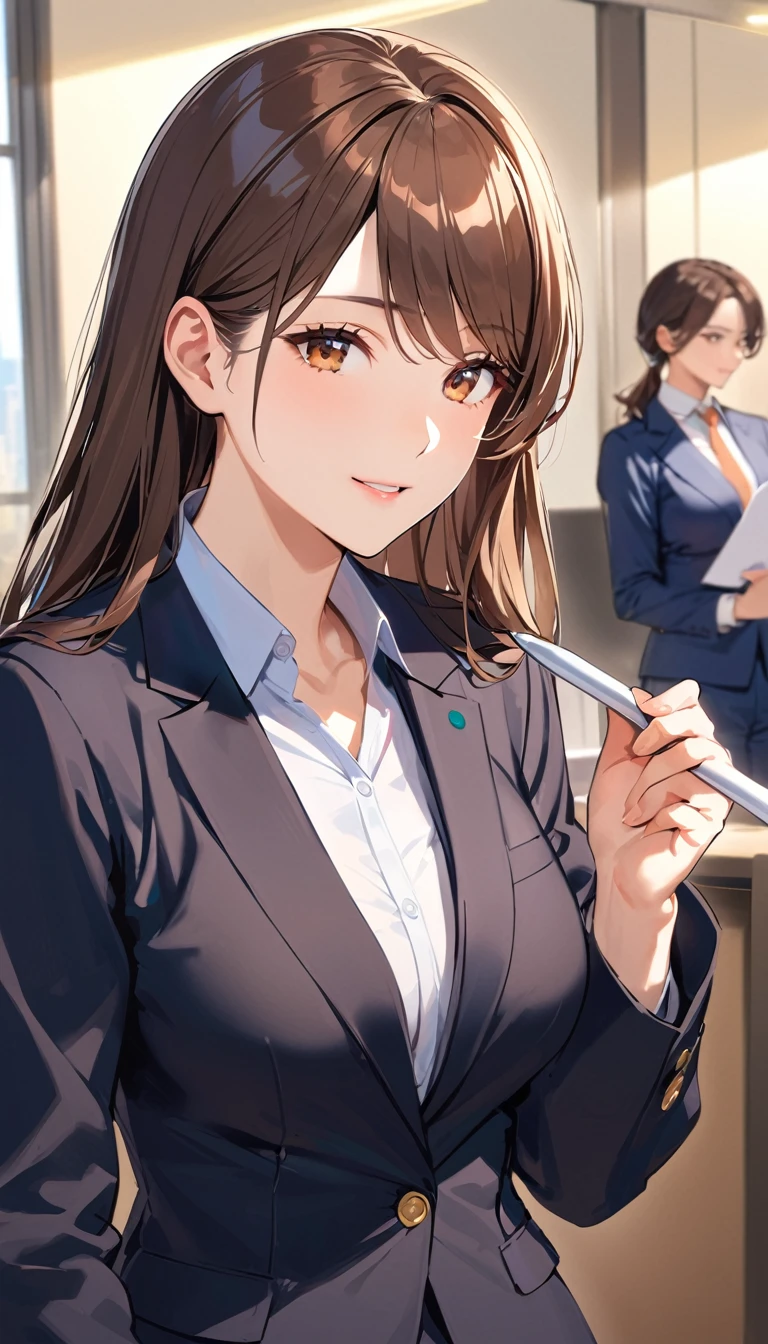 a woman, Brown Hair, semi-long, Mature Woman,Jacket,Clothing of office workers