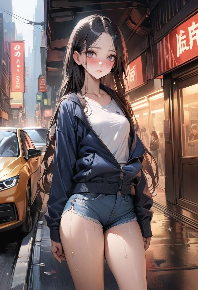 (((masterpiece,Highest quality:1.3,best quality illustration))),(realistic:1.2),cowboy shot,独奏,1woman,(Mature Beauty),black hair,straight long hair,forehead,center parted bangs,black eyes,(gorgeous big eyes),(very small head),blush,((very long body,skinny,slender body)),((Navy blue baseball jacket)),small breasts,gleaming skin,oily skin,sweat,denim micro shorts,Wearing a white tube top shirt and a blouson,on street,New York City、