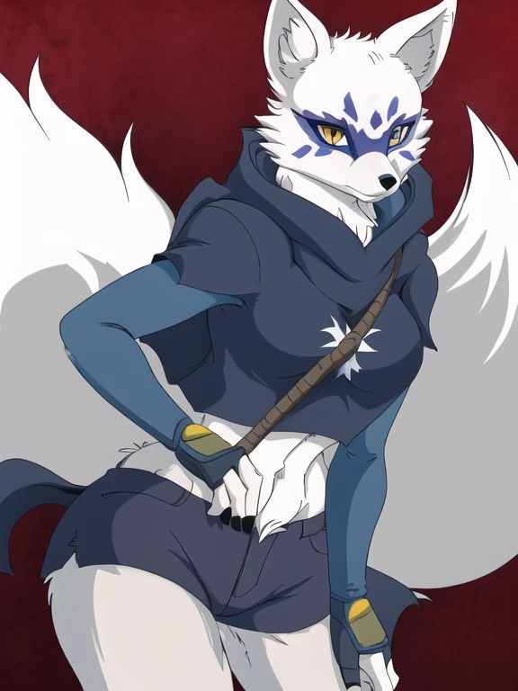Alopex, arctic fox, furry character, blue mark eyes, tmnt, yellow eyes, girl1, solo, kunoichi outfit, best quality, masterpiece, fox ears, cloak, shorts