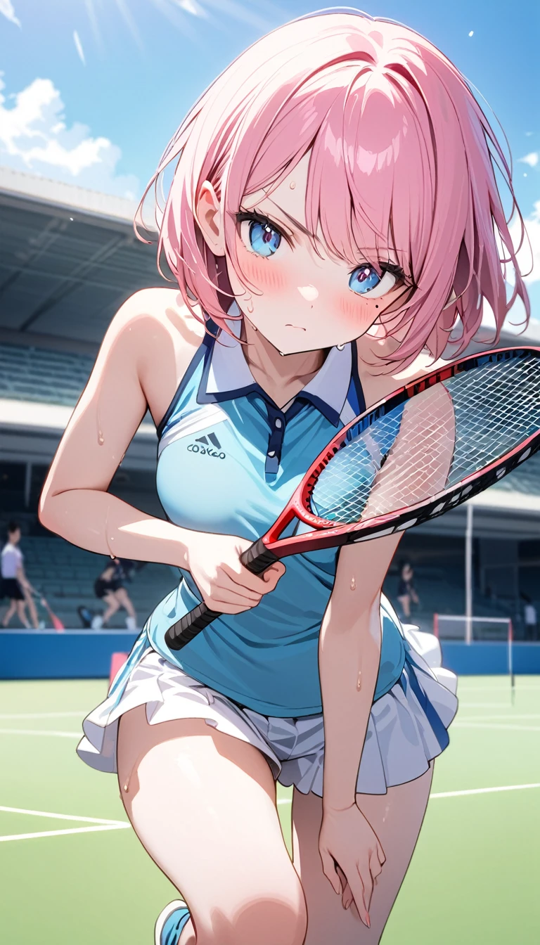 (1 girl),(Best Picture Quality, 8K, Masterpiece:1.3), (high school student:1.5), ((pink lob hair:1.1)), (bob cut),(swept bangs), (cute eyes, pupil black, iris skyblue, youthful face), (mole under right eye), (standard weight), (small breasts),(big hip), (glistening skin:1.2),(pale skin:1.2),(serious:1.3),(Badminton), (racket), (badminton uniform), (dynamic moving,:1.2),(Uplifting),(sweat:1.1),(magnificent view)