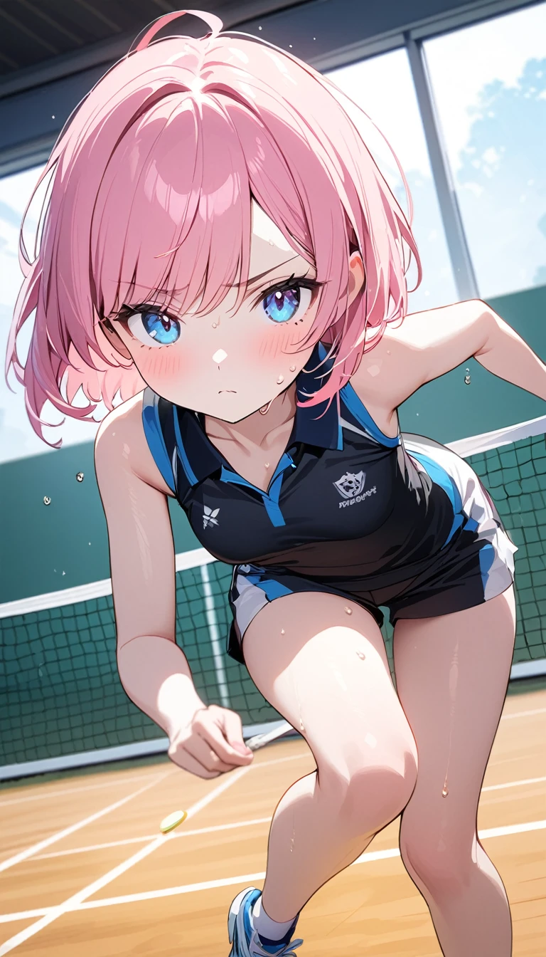 (1 girl),(Best Picture Quality, 8K, Masterpiece:1.3), (high school student:1.5), ((pink lob hair:1.1)), (bob cut),(swept bangs), (cute eyes, pupil black, iris skyblue, youthful face), (mole under right eye), (standard weight), (small breasts),(big hip), (glistening skin:1.2),(pale skin:1.2),(serious:1.3),(Badminton), (racket), (badminton uniform), (dynamic moving,:1.2),(Uplifting),(sweat:1.1),(magnificent view)