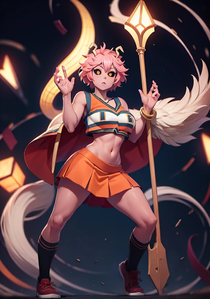 mina ashido, 1girl, solo, looking at viewer, short hair, simple background, yellow eyes, pink hair, horns, colored skin, colored sclera, black sclera, pink skin, U.A. CheerUniform, orange skirt, (bare belly), perfect shading, bare shoulders,