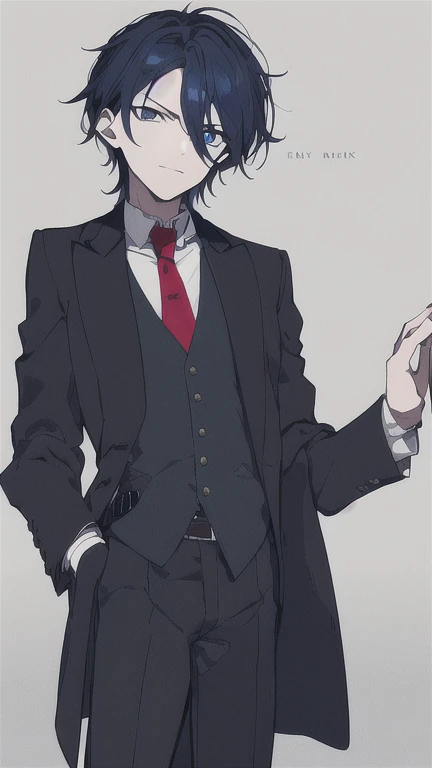 masterpiece, best quality, 1boy, solo, long_hair, looking_at_viewer, simple_background, long_sleeves,, blue eyes, dark blue hair, right curtain hair, wears the long-sleeved, coat around his shoulders, which appears to have been tattered and burnt at the bottom. Underneath his coat is the regular long-sleeved white shirt and red tie, and then a black vest, both of which are tucked into his belt.