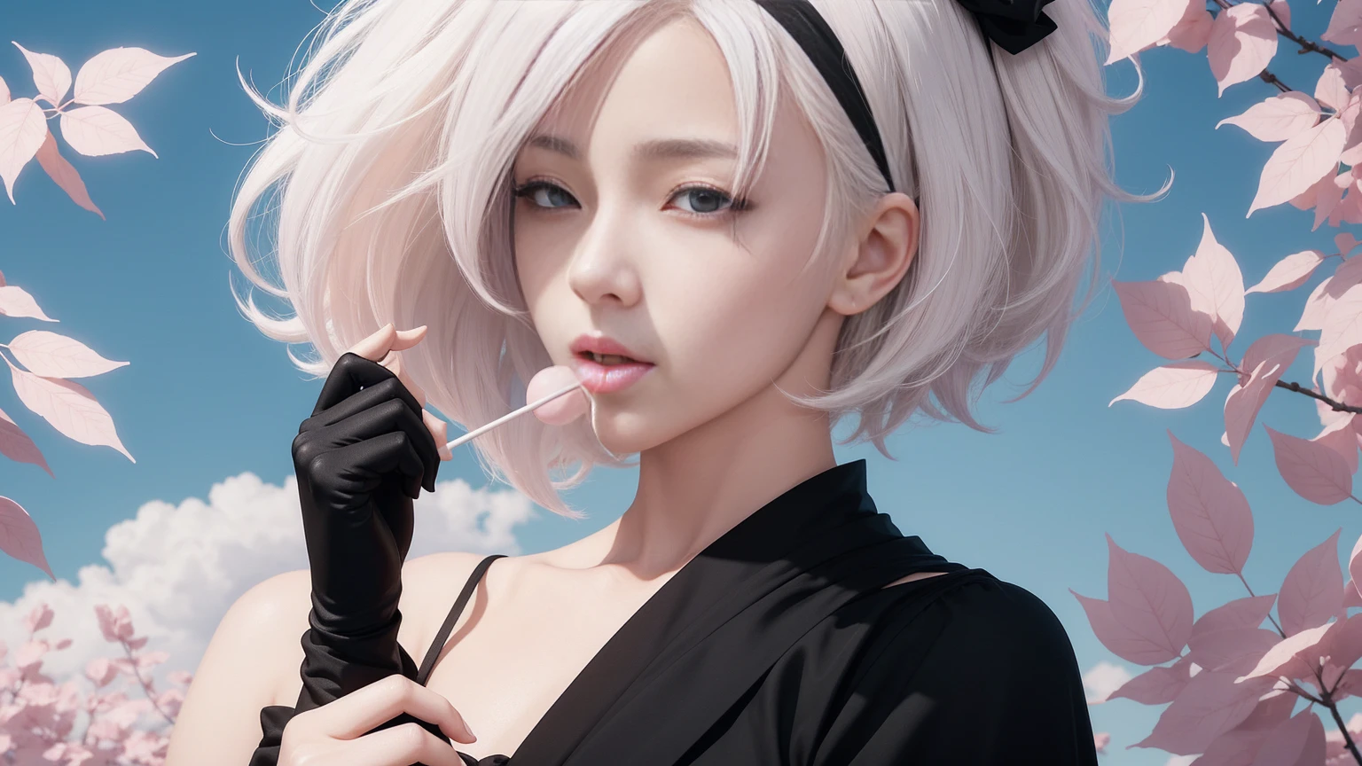 Woman, anime style, short white hair, black cloth blindfold over her eyes, with a white lollipop in her mouth, being held by her hand, her hands have black gloves, focus on the character's face only, in the wind, and with pastel colors background with pink peach leaves flying in the background.