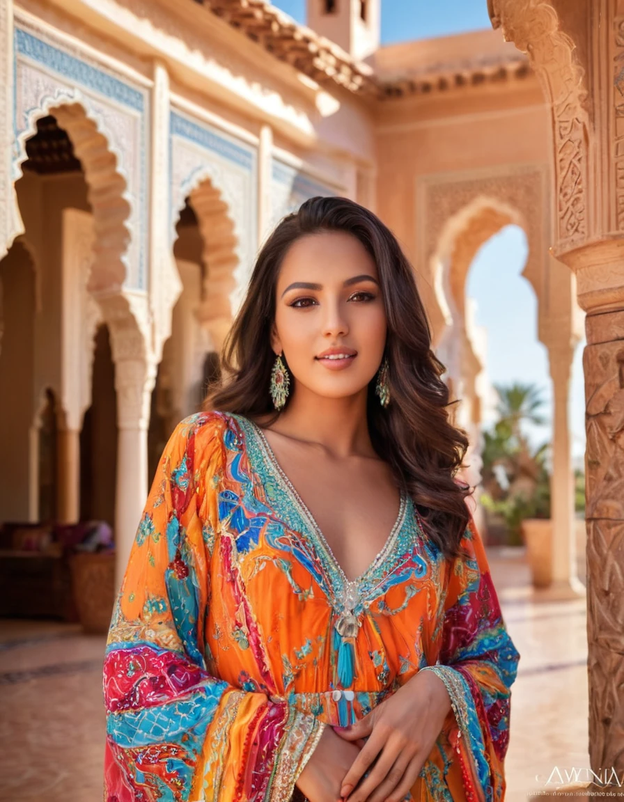 "A beautiful Moroccan girl in her twenties with striking blue eyes, wearing a colorful, flowing dress. She stands gracefully against a backdrop of traditional Moroccan architecture, her medium chest elegantly accentuated. The sunlight highlights her features, capturing her vibrant spirit and confidence."
