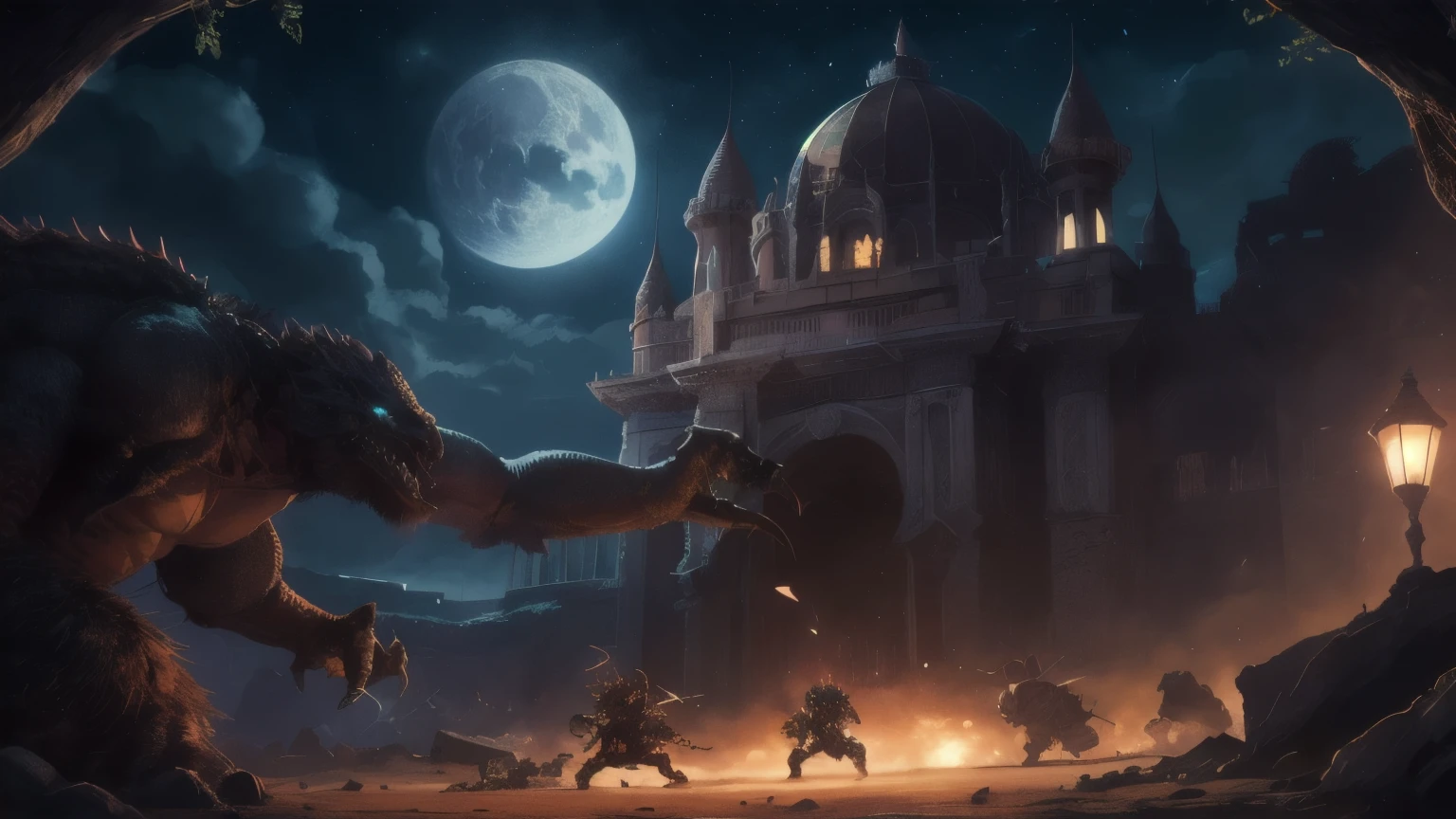 ((best quality)), ((masterpiece)), (detailed), A digital illustration of a big palace being attacked by a group of monsters at night in a desert setting.