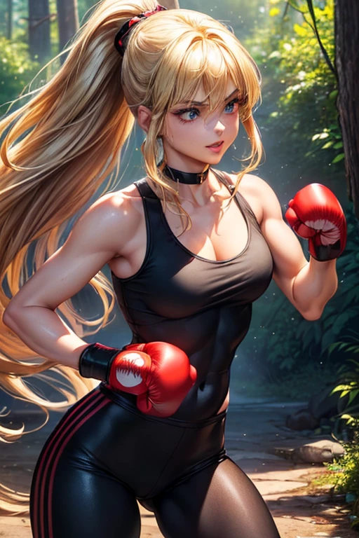 #基本
A girl is posing for a photo, ((One Girl)), (((Baby Face:1.2)) + ((cute:1.3))),
#A girl is posing for a photo, ((One Girl)), (((Baby Face)) + ((cute)) + 16 years old),
break
#Clothing Accessories
(((red on black)Tank Top)) + (((red on black)Sports pants)) + (Tight fitting through the waist), ((Sheer black tights)), (White sneakers), (Black choker), ((Abdominal muscles)),
Gold hoop earrings,
break
#Features
((Blonde:1.4)), (ponytail : Long Hair + Curly hair + Voluminous Hair + Red string ribbon),
((Droopy eyes), blue eyes, (Big eyes:1.2)), (Very small breasts),
break
#background environment
(noon, (In the sunlight of the forest, waterfall)),
#Facial Expression Pose
((smile), (Dynamic Pose, ((bare hands:1.5)) + ((punching:1.5))),
#composition
(To the camera, (Focus from the front), (Cowboy Shot)),
break
#Body parts elements
(Slim figure),
(Detailed Hair, Beautiful Hair, Shiny Hair),
(double eyelid, Long eyelashes),
(Expression of fine eyes, Beautiful and delicate eyes, Sparkling eyes, Eye Reflexes, Glitter Eyeliner),
(Human Ear),
(Beautiful Nose, Thin Nose),
(Glossy Lips, Beautiful Lips, Thick lips, Glossy Lips, Natural Cheeks),
(Detailed face, Symmetrical facial features),
(Detailed skin, Textured skin, Beautiful Skin, Glowing Skin),
break
#Quality Image Quality Common
(((Highest quality)), ((masterpiece)), ((Very detailed))), ((Ultra-high resolution)), ((16K, 1080P)), ((FHD)),
(Anatomically correct), (Realistic), (3DCG),
#Quality image illustration
((comics, anime)), CG illustration,