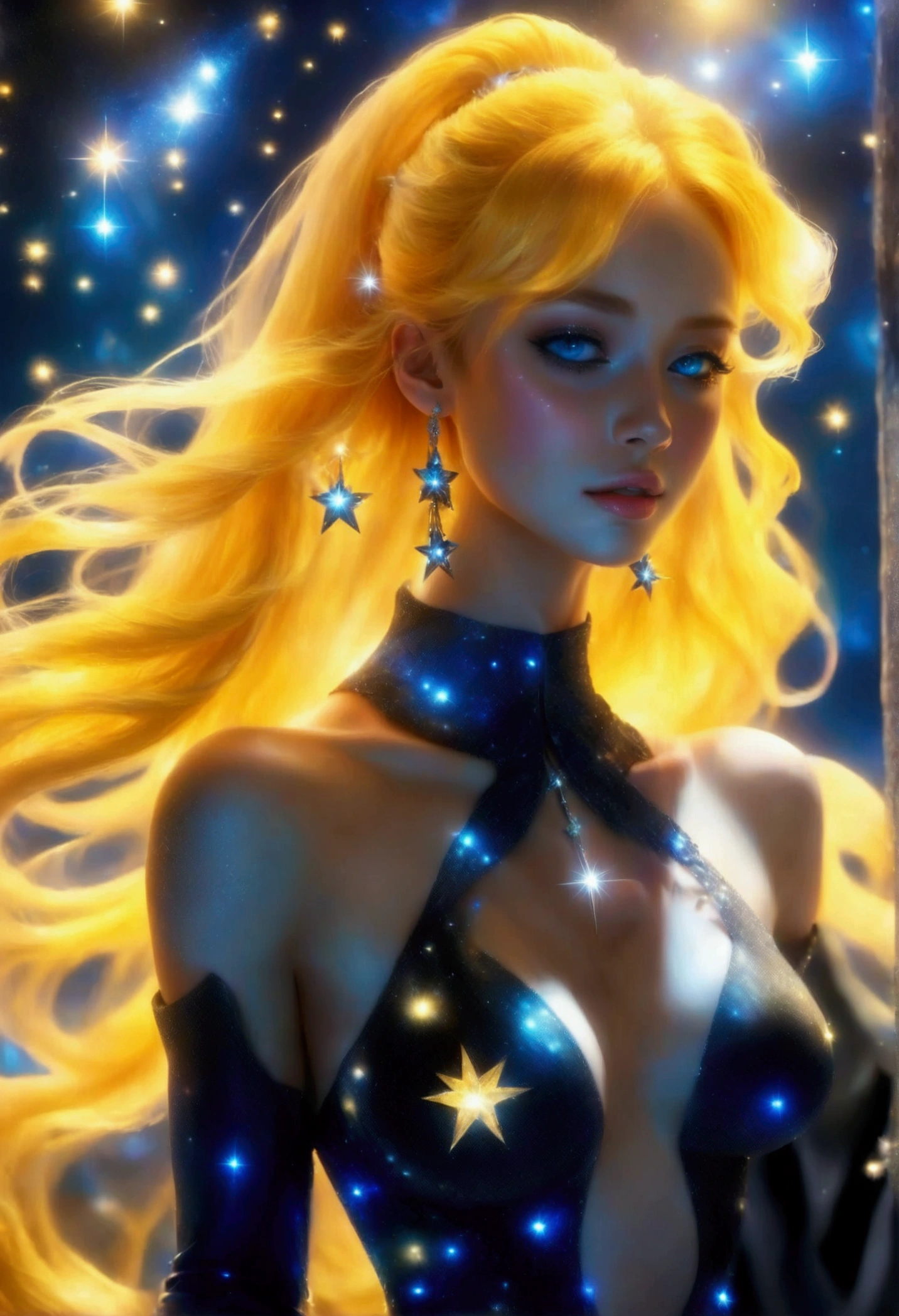 a glamour picture shot, of an elite model covered in stars, walking on a (dark catwalk: 1.2), an extraordinary glamourous elite female model, ((full body: 1.5)),  ((anatomically correct: 1.5), (ultra detailed face: 1.2), best detailed face, yrllow hair, long hair, lush hair, glam hair cut, blue eyes, delicate face, light make up, wearing intricate detailed dress, glamour dress, haute couture dress, elite fashion dress, black as night dress, decorated with bright stars, starlight,  small cleavage, wearing high heels, elegant high heels, she wears diamond necklace, she is glows in a soft starry light, she walks on (asteroid catwalk: 1.2), elite fashion show background, vibrant, Hyperrealism style, vibrant, Ultra-high resolution, High Contrast, (masterpiece:1.5), highest quality, Best aesthetics), best details, best quality, highres, ultra wide angle, 16k, [ultra detailed], masterpiece, best quality, (extremely detailed) RAW, chumbasket art style, magical sky