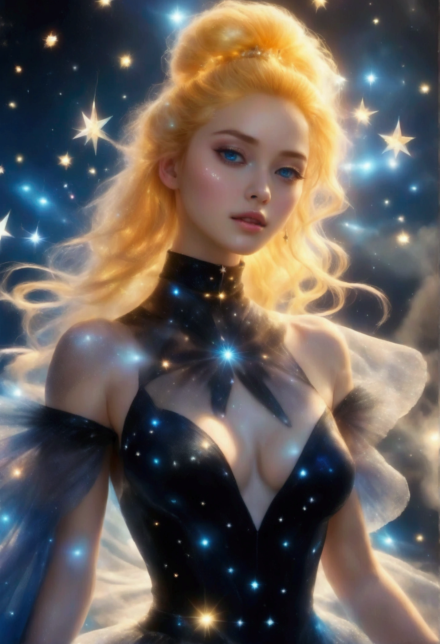 a glamour picture shot, of an elite model covered in stars, walking on a (dark catwalk: 1.2), an extraordinary glamourous elite female model, ((full body: 1.5)),  ((anatomically correct: 1.5), (ultra detailed face: 1.2), best detailed face, yrllow hair, long hair, lush hair, glam hair cut, blue eyes, delicate face, light make up, wearing intricate detailed dress, glamour dress, haute couture dress, elite fashion dress, black as night dress, decorated with bright stars, starlight,  small cleavage, wearing high heels, elegant high heels, she wears diamond necklace, she is glows in a soft starry light, she walks on (asteroid catwalk: 1.2), elite fashion show background, vibrant, Hyperrealism style, vibrant, Ultra-high resolution, High Contrast, (masterpiece:1.5), highest quality, Best aesthetics), best details, best quality, highres, ultra wide angle, 16k, [ultra detailed], masterpiece, best quality, (extremely detailed) RAW, chumbasket art style, magical sky