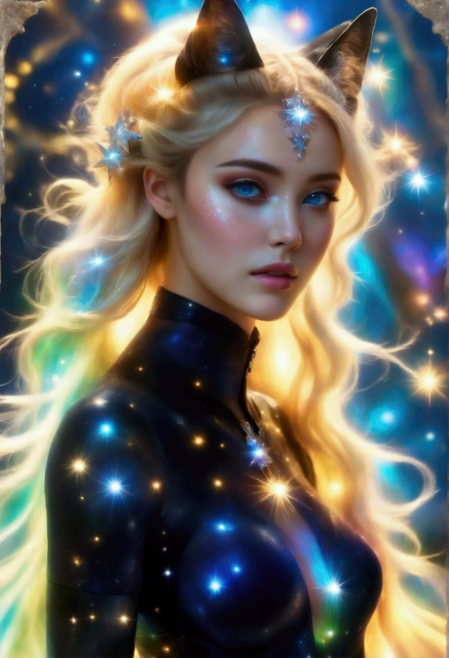 a glamour picture shot, of an elite model covered in stars, walking on a (dark catwalk: 1.2), an extraordinary glamourous elite female model, ((full body: 1.5)),  ((anatomically correct: 1.5), (ultra detailed face: 1.2), best detailed face, yrllow hair, long hair, lush hair, glam hair cut, blue eyes, delicate face, light make up, wearing intricate detailed dress, glamour dress, haute couture dress, elite fashion dress, black as night dress, decorated with bright stars, starlight,  small cleavage, wearing high heels, elegant high heels, she wears diamond necklace, she is glows in a soft starry light, she walks on (asteroid catwalk: 1.2), elite fashion show background, vibrant, Hyperrealism style, vibrant, Ultra-high resolution, High Contrast, (masterpiece:1.5), highest quality, Best aesthetics), best details, best quality, highres, ultra wide angle, 16k, [ultra detailed], masterpiece, best quality, (extremely detailed) RAW, chumbasket art style, magical sky