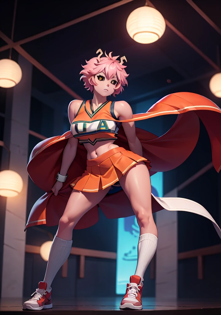 mina ashido, 1girl, solo, looking at viewer, short hair, simple background, yellow eyes, pink hair, horns, colored skin, colored sclera, black sclera, pink skin, U.A. CheerUniform, orange skirt, (bare belly), perfect shading, bare shoulders, big breasts