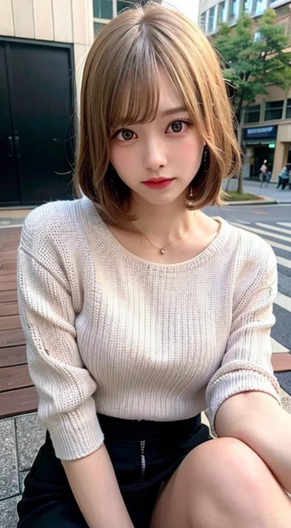 (8k, RAW Photos:1.2)Detailed face and eyes,最high quality, Ultra-high resolution, Very detailed ,Intricate details ,Tabletop ,pretty girl , Soft cinematic light, Hyper Detail,Sharp focus, high quality, Blonde, Bobcut,  outside,Knitted dress, Crossing your legs, panties