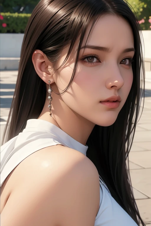 1 girl with long black hair, White skirt, Close-up of face, tifa