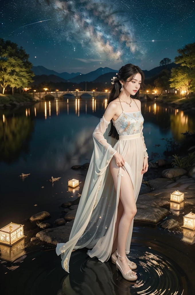 (((best quality))),(((ultra detailed))),(((masterpiece))),illustration,((1 beautiful girl,solo)),(shoulder length straight hair:1.2),((earrings,necklace)),((slim,thin)),((small breasts,flat chest)),(gorgeous sheer red Chinese dress:1.3),(slender legs:1.2),(loafers:1.2),(standing:1.3),(arms behind back:1.5),(on the stone arch bridge:1.3),((starry sky,the Milky Way,horizon)),elegance, grace, sophisticated updo, delicate hairpins, twinkling stars, radiant smile, bright eyes, wonder, beauty of the night sky, intricate patterns, flowers, birds, vibrant colors, ethereal, enchanting, old bridge, weathered, sturdy, natural surroundings, serene, peaceful atmosphere, rippling water, stars, graceful silhouette, magic, tranquility, twinkling stars, mesmerizing canopy of light, cool air, crisp, faint scent of blooming flowers, contemplation, admiration, ancient China, timeless, rich culture, traditions, captivating, enchanting atmosphere, myth, legend,((from front,full body))