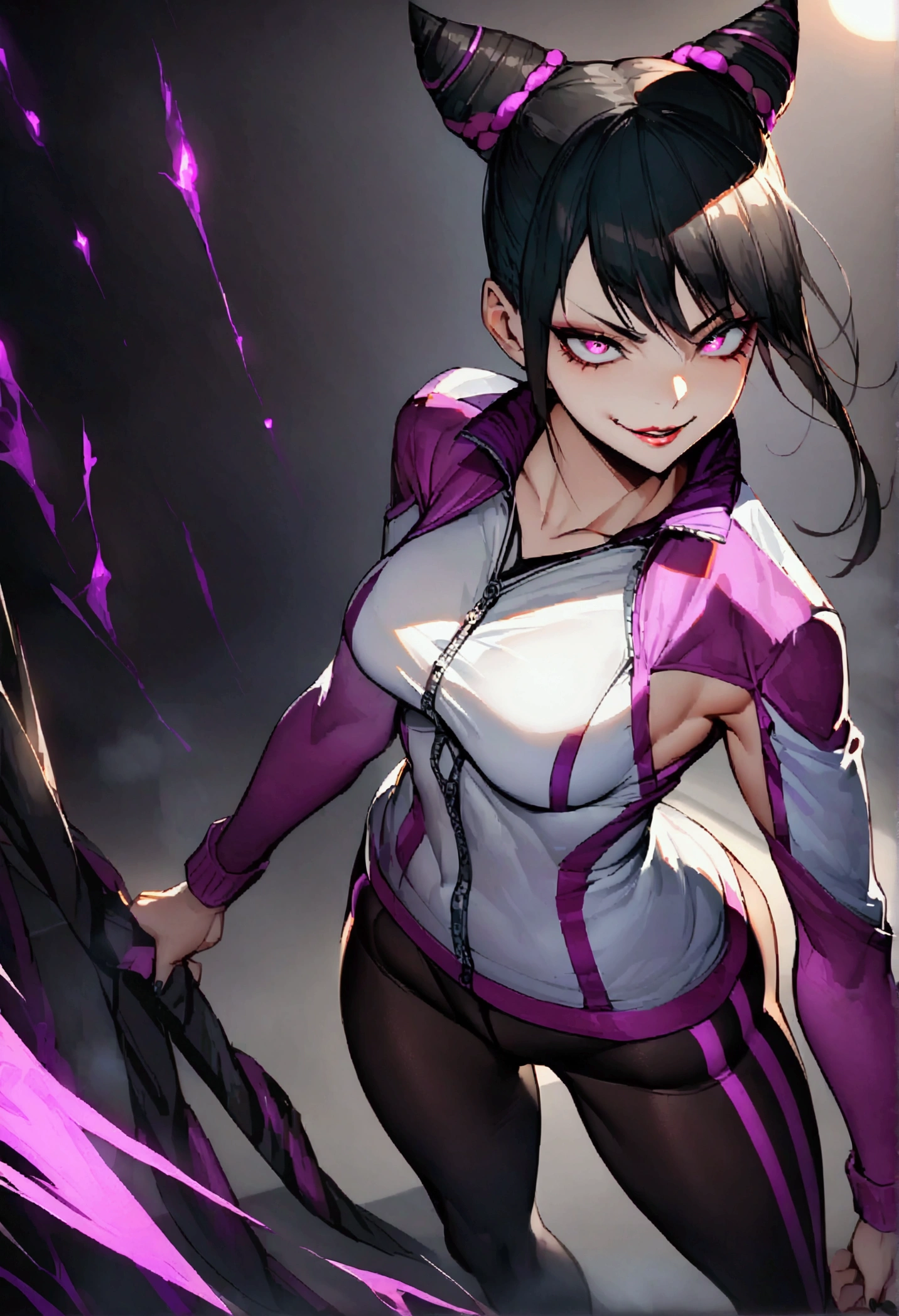 dark eye shadow,shining eyes,beautiful young fitness woman with , in a gym wearing May with black pantyhose, tight white and purple gym jacket. standing alone,hair horns,glowing purple eyes,Evil smile,legging preto ,labiaa,dark eye shadow,shining eyes