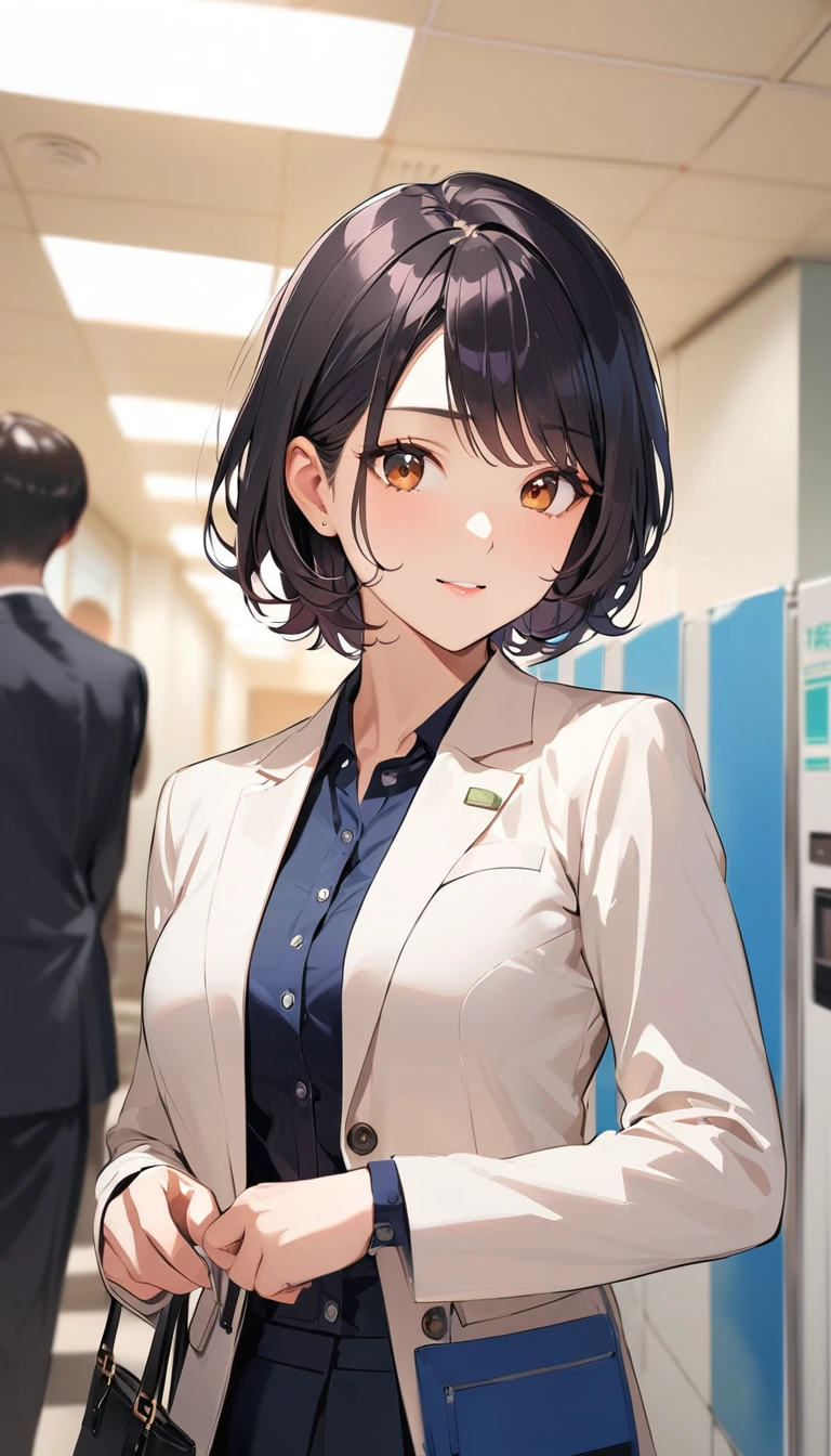 a woman, Black Hair,　short hair,　(Mature Woman),Jacket,Clothing of office workers