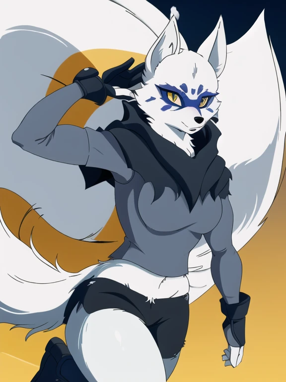 Alopex, arctic fox, furry character, blue mark eyes, tmnt, yellow eyes, girl1, solo, kunoichi outfit, best quality, masterpiece, fox ears, cloak, black shorts