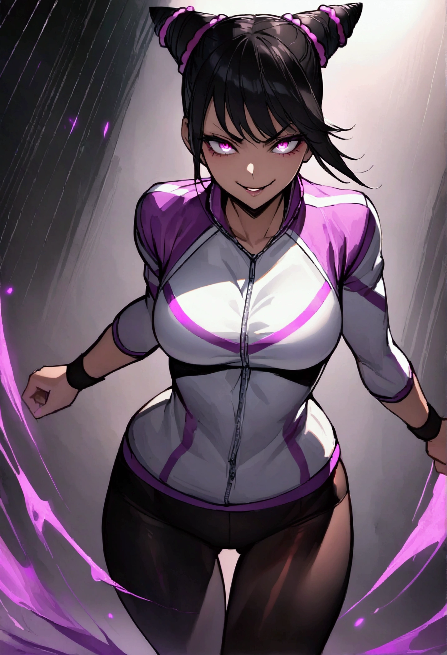 dark eye shadow,shining eyes,beautiful young fitness woman with , in a gym wearing May with black pantyhose, ??????????? and purple gym jacket. standing alone,hair horns,glowing purple eyes,Evil smile,legging preto ,labiaa,dark eye shadow,shining eyes