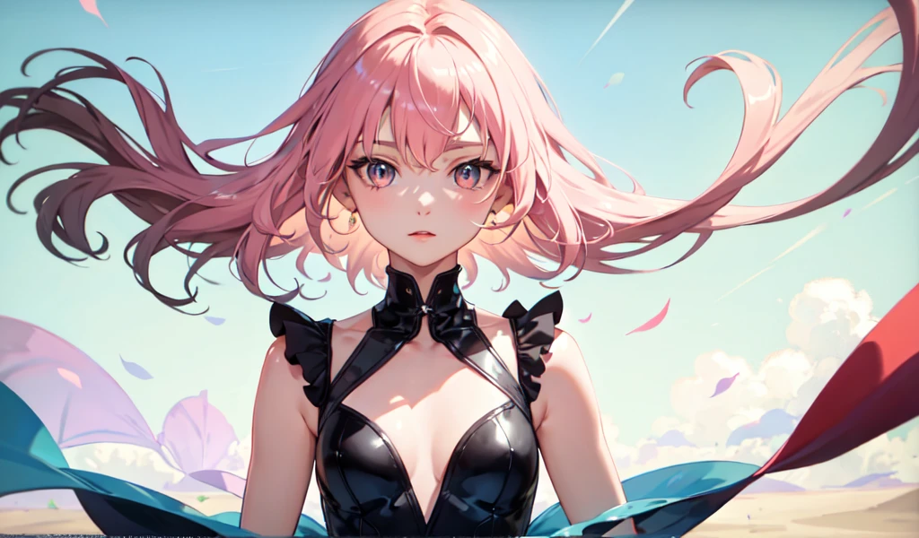 intri猫e detailed, Beautiful detailed girl, extremely deli猫e and beautiful, whole body, Close-up of a person, arm_support, Beautifully drawn, Flat Chest, girl,woman,a woman, a bit,,, Medium Hair, Wavy Hair, Floating Hair, Pink Hair, Two-tone hair, Hair blowing in the wind, 