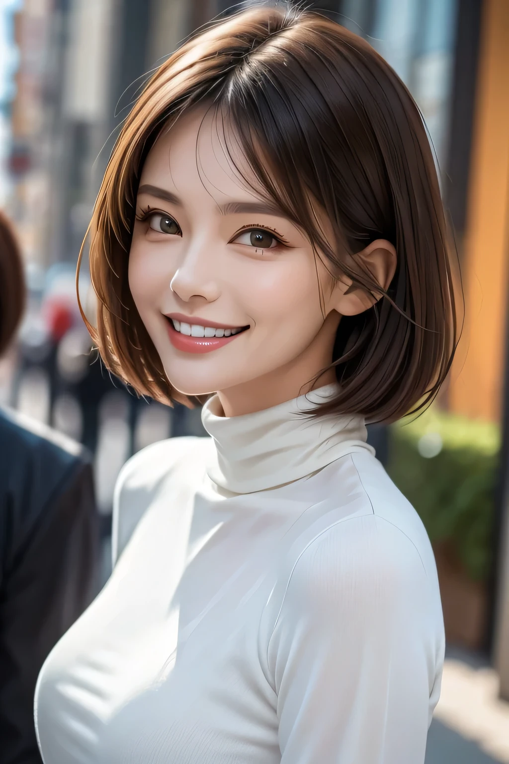 ((masterpiece)), ((Highest quality)), ((Complex)), ((Surreal)), (Realistic), (Mature Woman), ((There are no classes)), Very detailed, (1 female), Beautiful and exquisite, (Beautiful Teeth), Grin, Brunette bob hair, Brown eyes, ((Blue turtleneck)), (Upper Body), (background:none), Perfect Eyes, Captivating eyes, Looking at the audience
