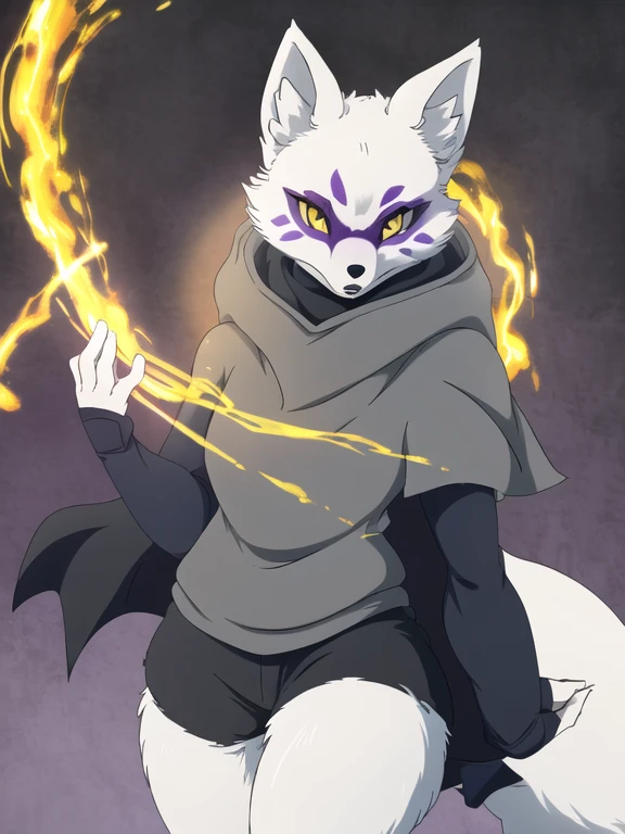 Alopex, arctic fox, furry character, purple mark eyes, tmnt, yellow eyes, girl1, solo, kunoichi outfit, best quality, masterpiece, fox ears, cloak, black shorts