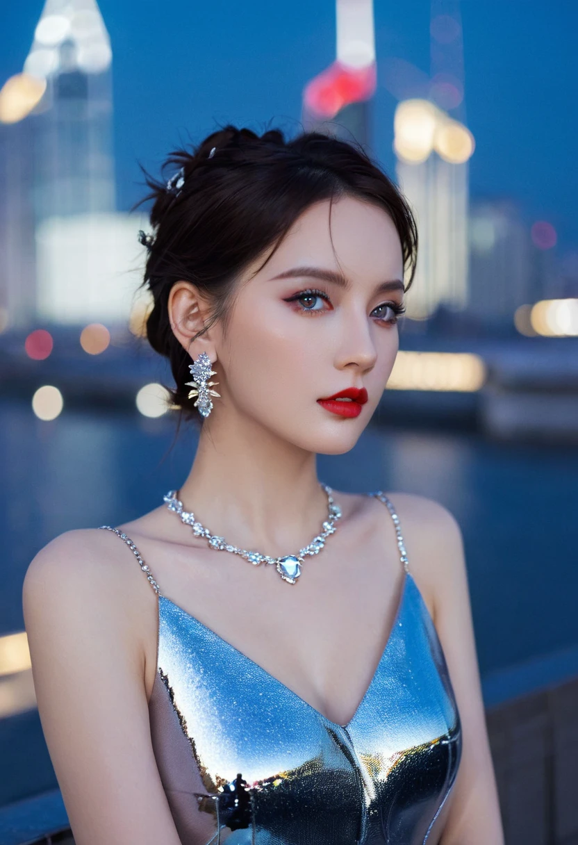 Quartz. Louis (luxurious wheels) (Azur Lane), Hair accessories, portrait, Silver dress, Revealing clothes, necklace, Blue nails, city View, night, rain, wet, (maQuartzerpiece:1.4),(beQuartz quality:1.4),realiQuartzic,Fashion Girl,cosmetic,Red lips,Looking at the audience, Solitary,earrings,8K,beQuartz quality, maQuartzerpiece, Purple Eyes,Beautiful light,A supercar in the background,