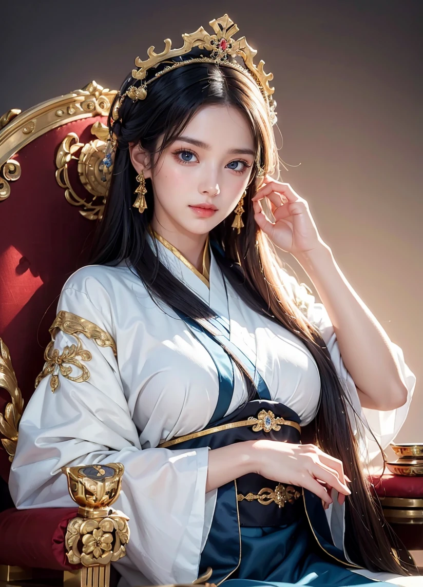 (Perfect details: 1.5, 8K wallpaper, Masterpiece, Best quality, Ultra-detailed) A woman, Emperor, Delicate facial features, Asian face, cabelos preto e longos, Fine hair, hair tying, Gold silk embroidered dragon robe, Hanfu, sitting on a dragon chair, Hands on the head, palace background, Kuching Imperial Crown