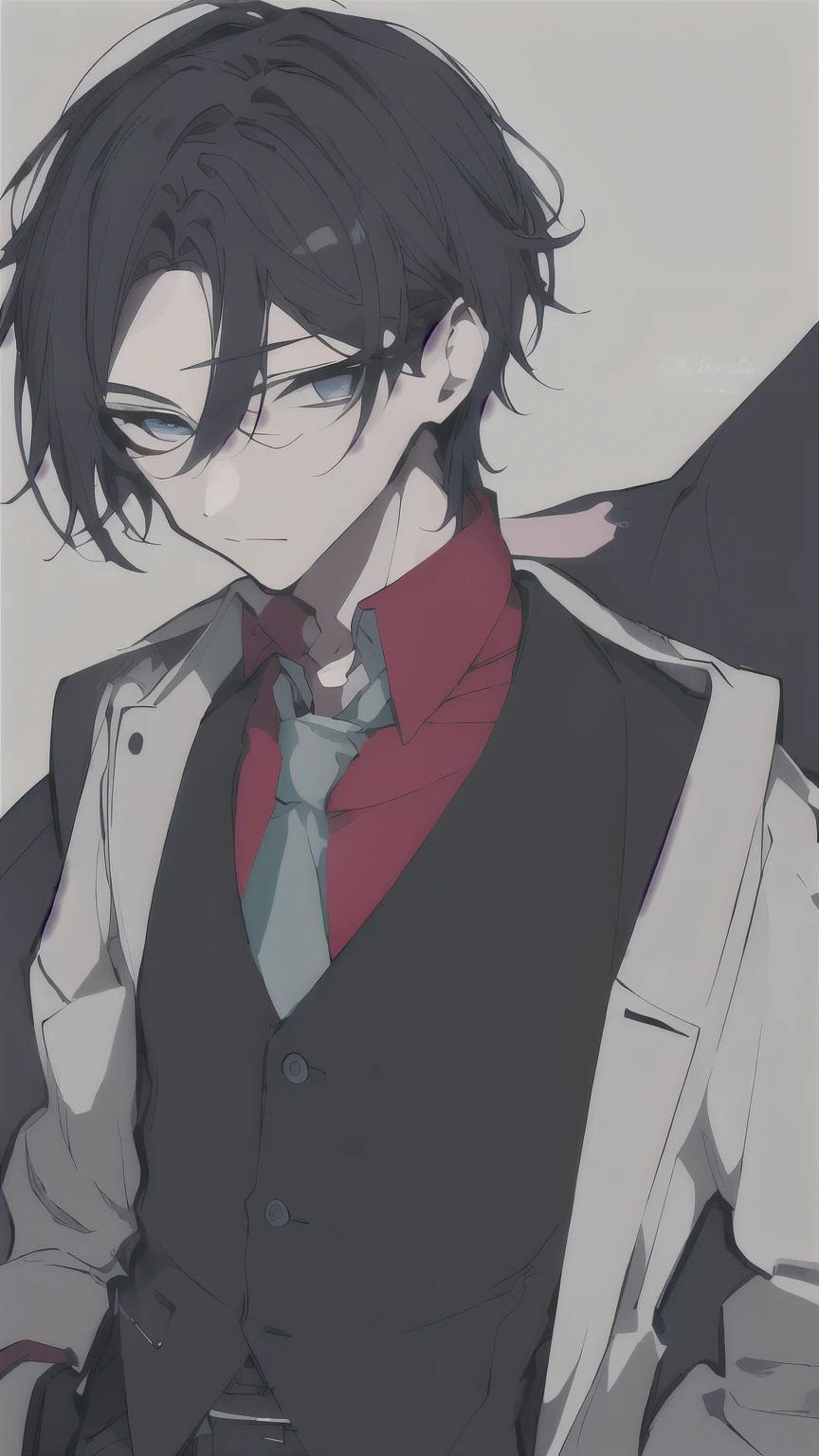 masterpiece, best quality, 1boy, solo, long_hair, looking_at_viewer, simple_background, long_sleeves,, blue eyes, dark blue hair, right curtain hair, wears the long-sleeved, coat around his shoulders, which appears to have been tattered and burnt at the bottom. Underneath his coat is the regular long-sleeved white shirt and red tie, and then a black vest, both of which are tucked into his belt.