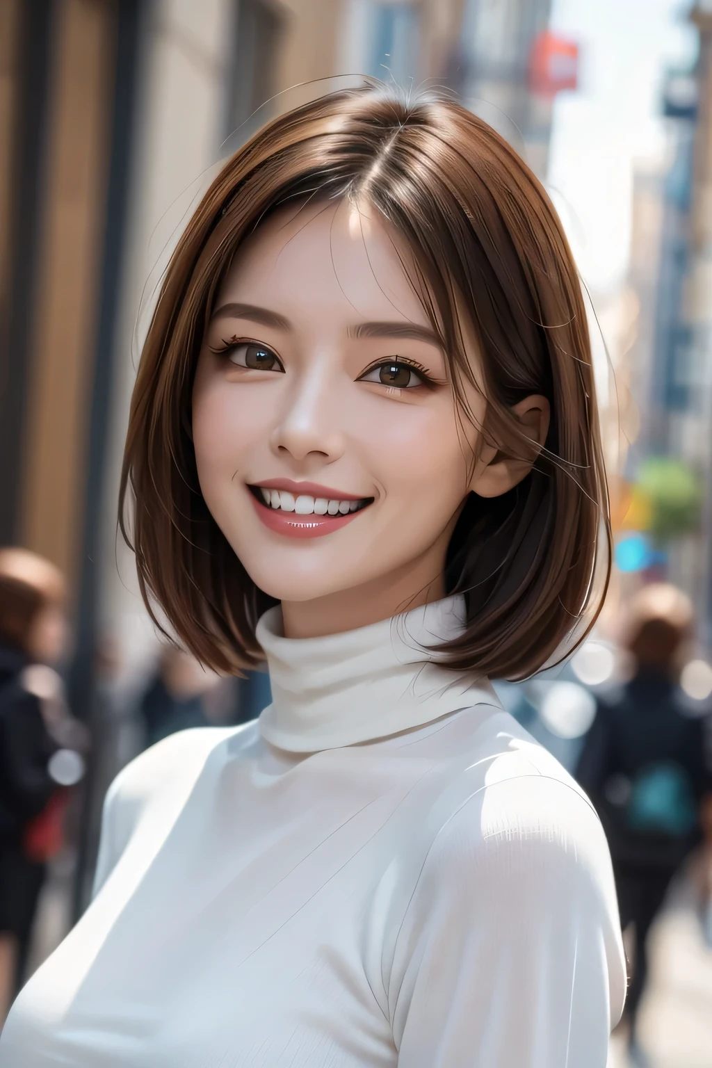 ((masterpiece)), ((Highest quality)), ((Complex)), ((Surreal)), (Realistic), (Mature Woman), ((There are no classes)), Very detailed, (1 female), Beautiful and exquisite, (Beautiful Teeth), Grin, Brunette bob hair, Brown eyes, ((Blue turtleneck)), (Upper Body), (background:none), Perfect Eyes, Captivating eyes, Looking at the audience