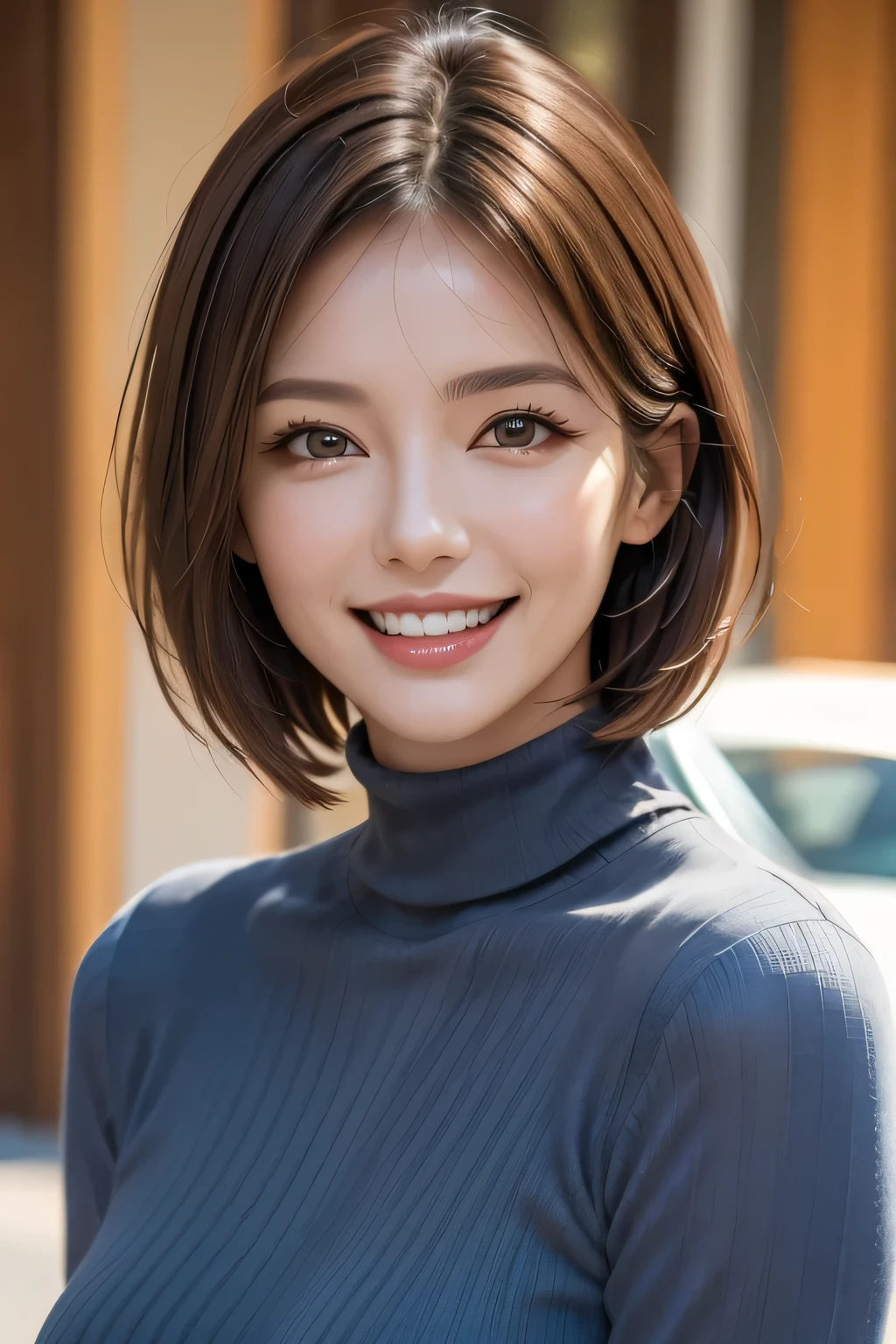 ((masterpiece)), ((Highest quality)), ((Complex)), ((Surreal)), (Realistic), (Mature Woman), ((There are no classes)), Very detailed, (1 female), Beautiful and exquisite, (Beautiful Teeth), Grin, Brunette bob hair, Brown eyes, ((Blue turtleneck)), (Upper Body), (background:none), Perfect Eyes, Captivating eyes, Looking at the audience