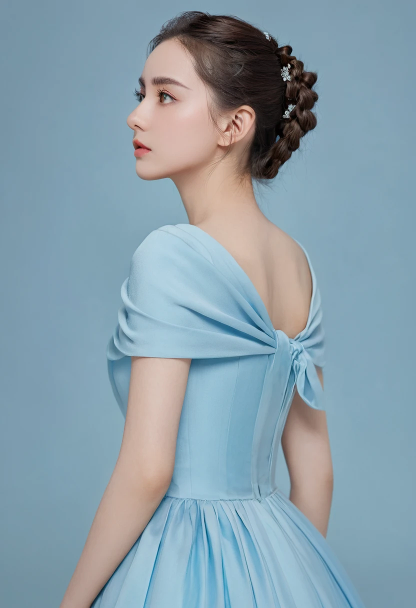 8K, Top quality, masterpiece:1.2), (Practical, photo-Practical:1.37), Top quality, masterpiece, Beautiful young woman, Thoughtful expression, Thoughtful eyes, Dress elegantly, Hair tied at the back, Mood disorder, background, tired, Light blue