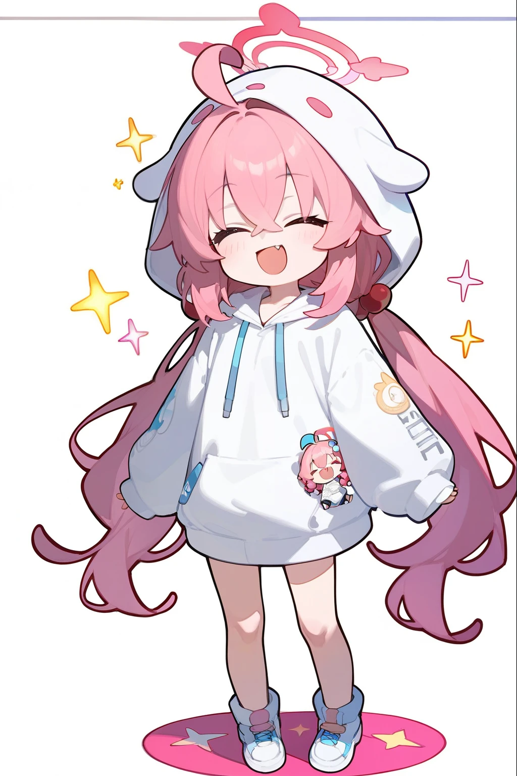 score_9,score_8_up,score_7_up,1girl,hoshino (blue archive),fang,pink hair,solo,twintails,hood,ahoge,long hair,chibi,halo,low twintails,closed eyes,hair ornament,bangs,blush,smile,standing,full body,very long hair,open mouth,facing viewer,hair bobbles,hoodie,stuffed toy,long sleeves,hood up,stuffed animal,:d,skin fang,hair between eyes,white hoodie,holding,simple background,=_=,sparkle,sleeves past fingers,animal hood,